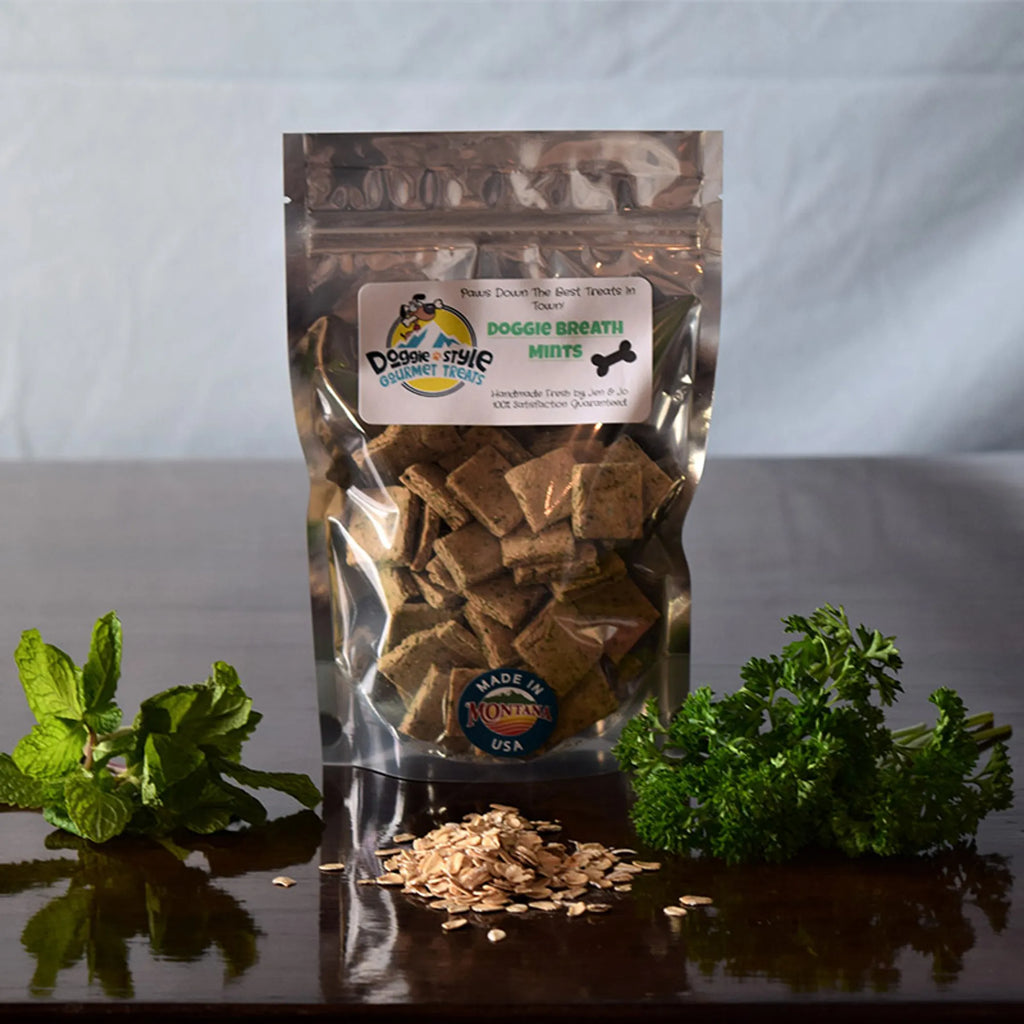 Doggie Style Gourmet Treats Doggie Breath Mints in a colorful package, designed for freshening dogs' breath.