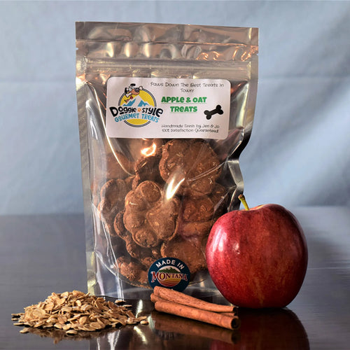 Doggie Style Gourmet Dog Treats with apple and oats, showing the crunchy, wholesome snack package on a white background.