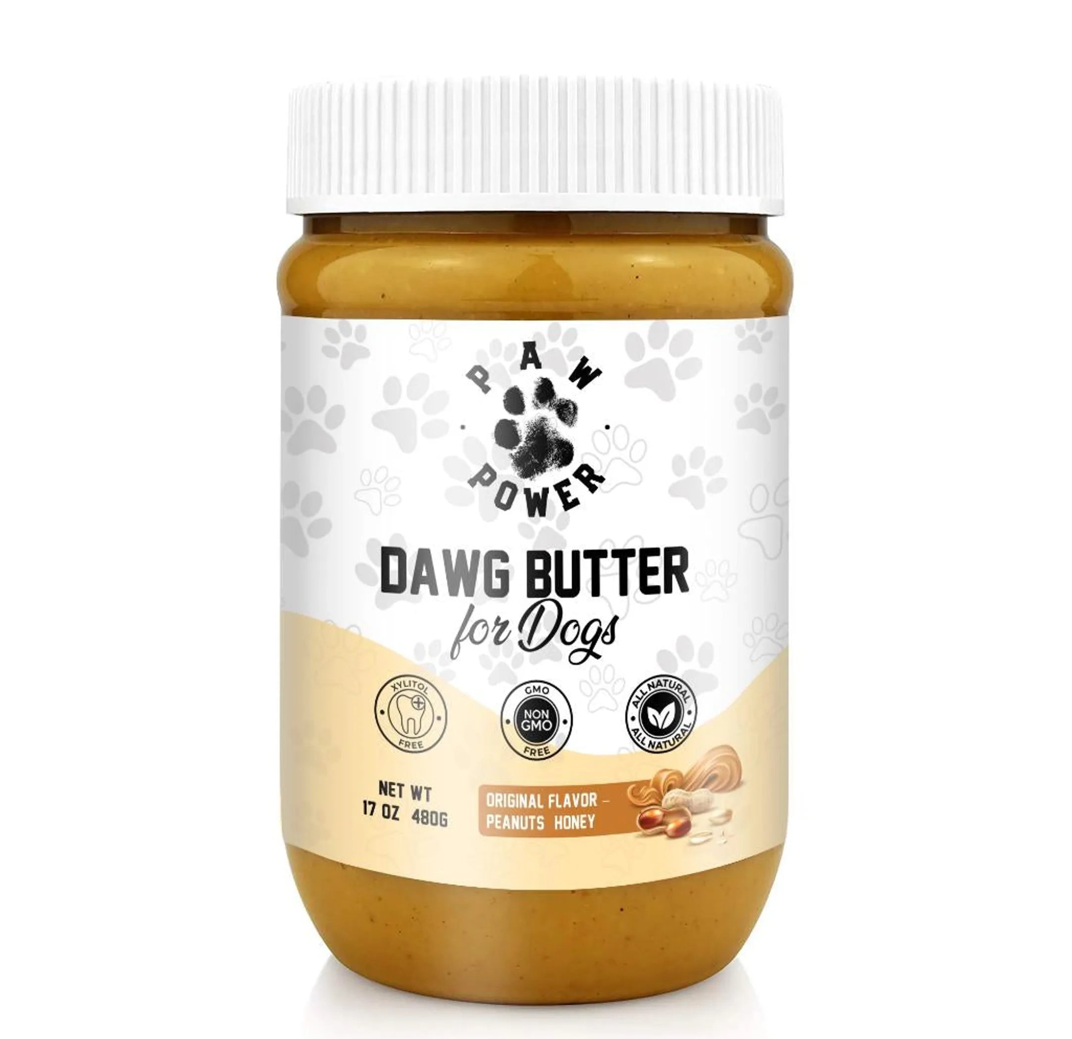 Dog treats from Paw Power Nutrition's Dawg Butter in a resealable pouch, featuring crunchy and chewy texture for dogs.