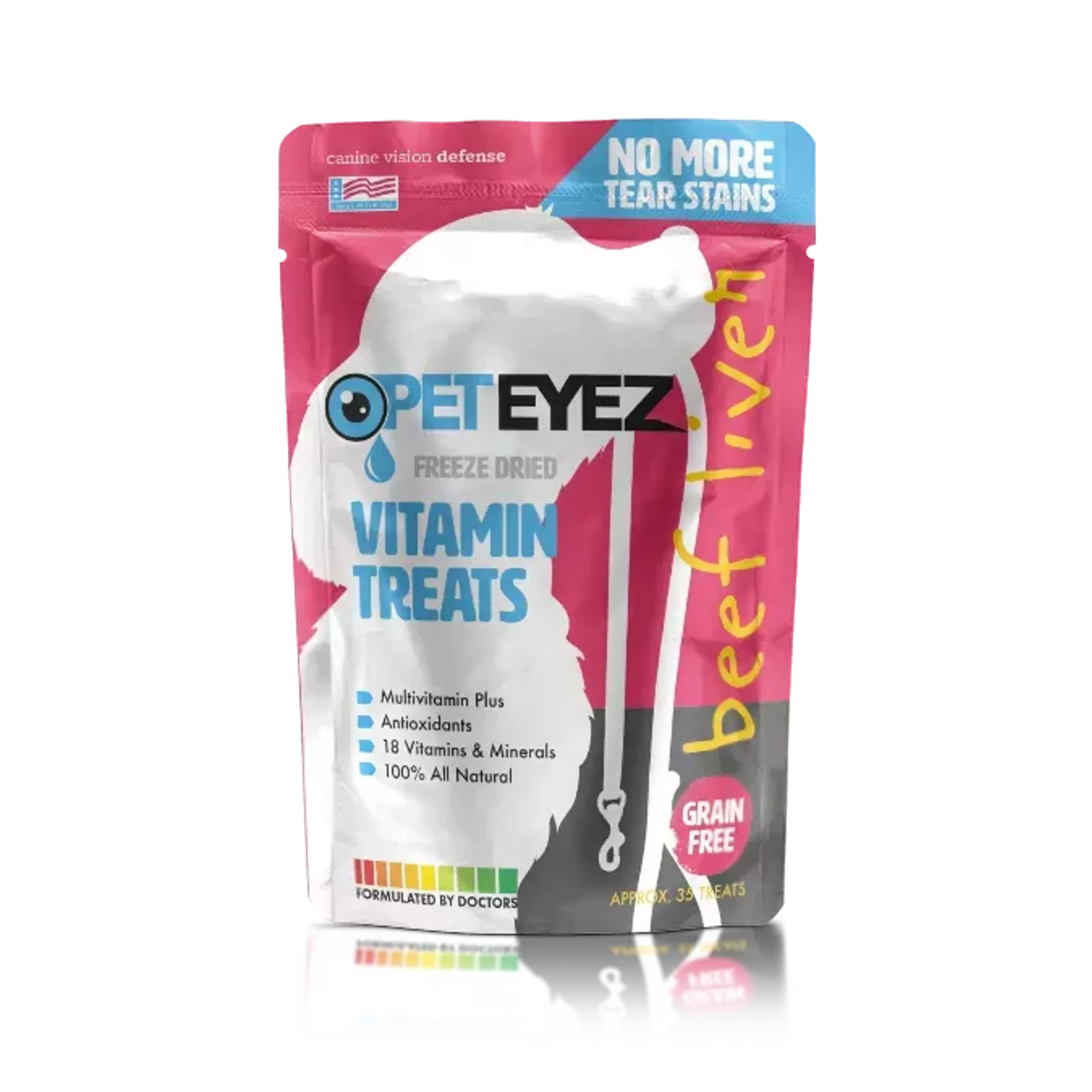 Pet Eyez Vitamin Treats Chicken Flavor by The Fit Organization, 35-pack of healthy treats for pets, visible in the image.