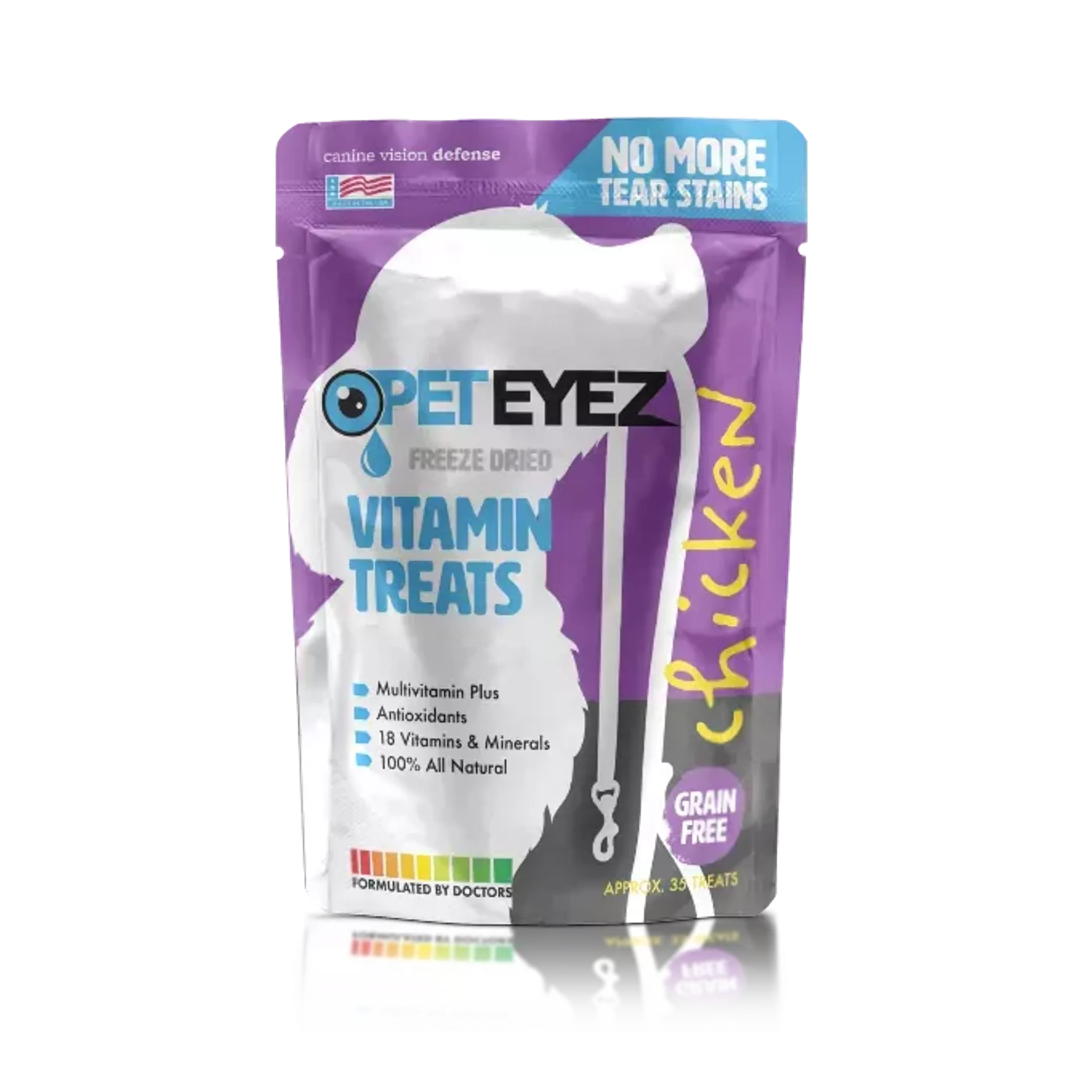 Pet Eyez Vitamin Treats Chicken Flavor by The Fit Organization, 35-pack, showing colorful chicken-flavored treats for pets.