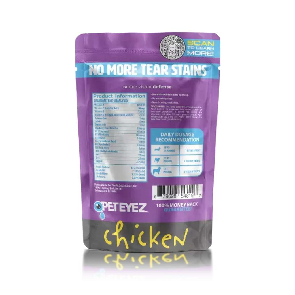 Pet Eyez Vitamin Treats Chicken Flavor by The Fit Organization, 35-pack, showing colorful treats in a clear container.