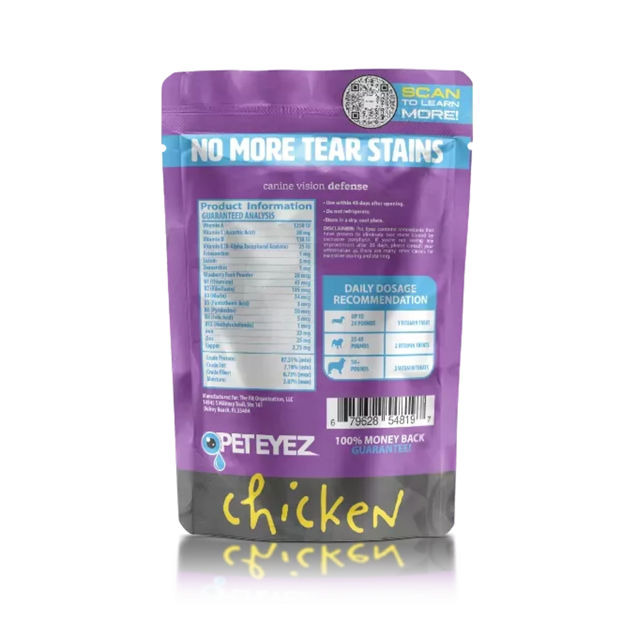 Pet Eyez Vitamin Treats Chicken Flavor by The Fit Organization, 35-pack, showing colorful treats in a clear container.