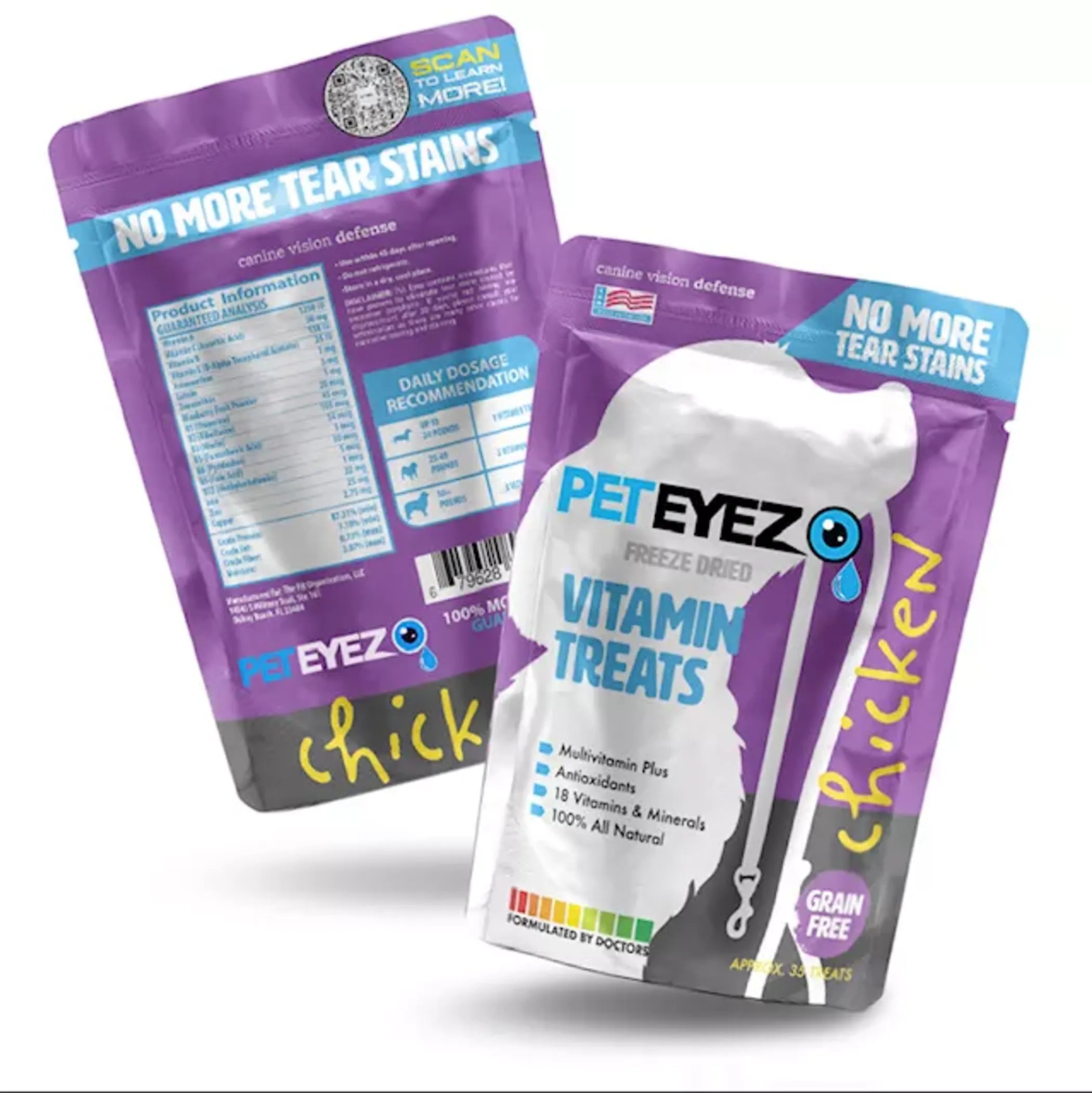 Pet Eyez Vitamin Treats Chicken Flavor for dogs, 35-pack by The Fit Organization, showing colorful treats in a resealable bag.