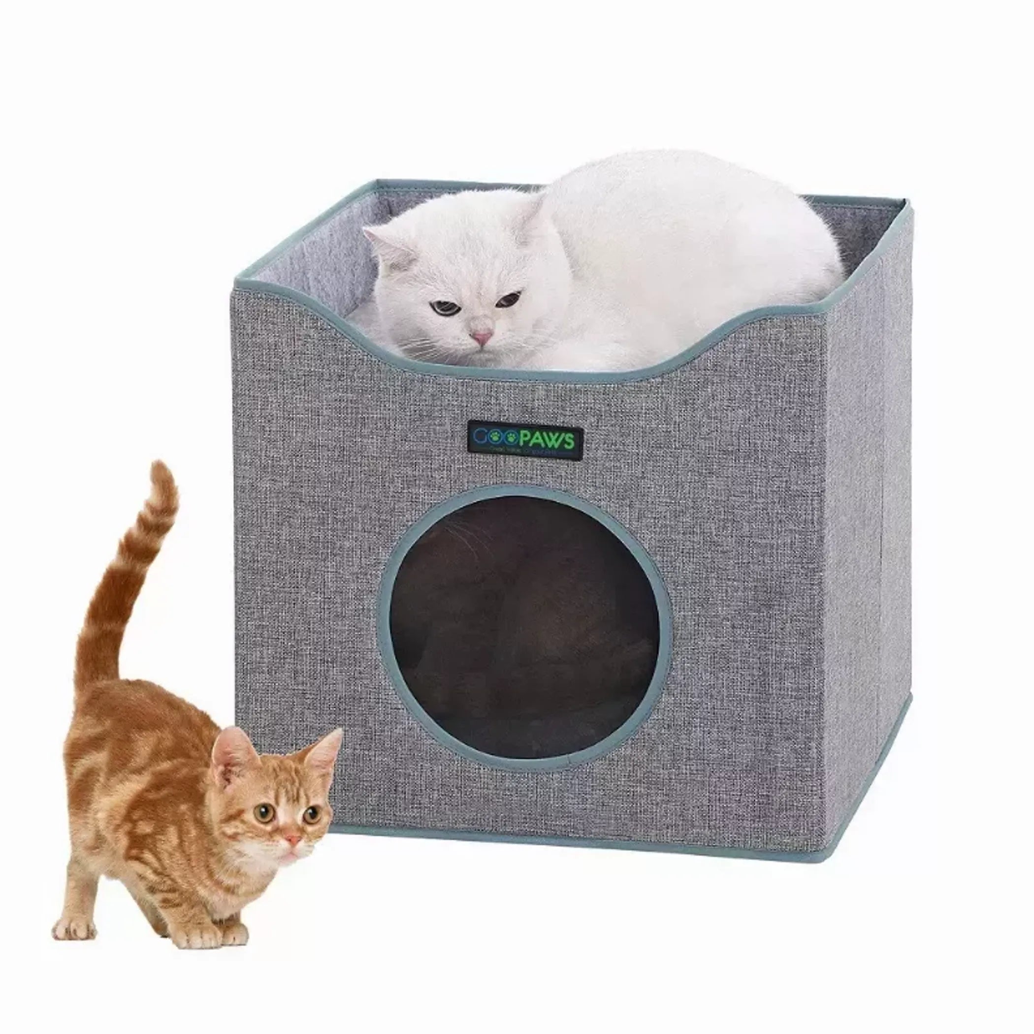 Foldable JESPET cat condo and cube house with reversible cushions, cozy hiding space, linenette fabric, felt, and engineered wood.