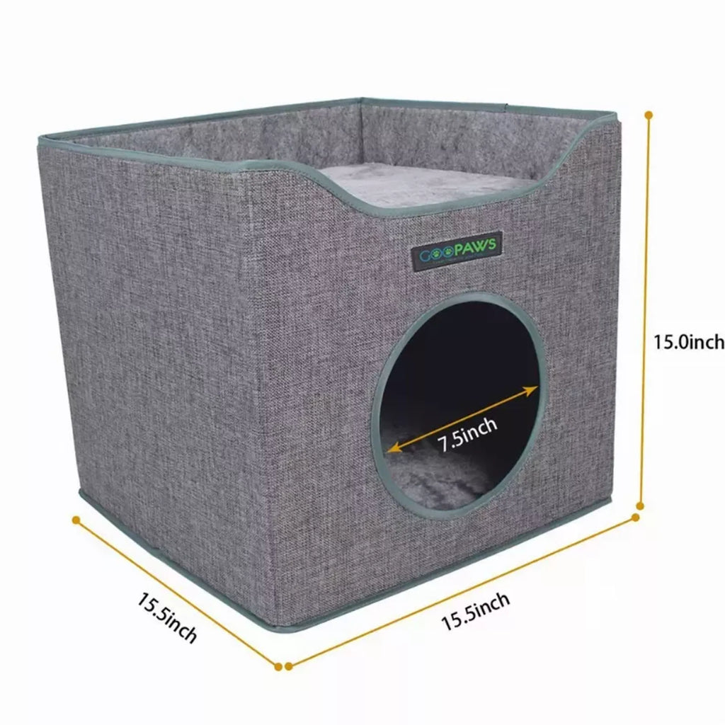 JESPET foldable cat condo with cube house, sleeping bed, reversible cushions, linenette fabric, and scratch-resistant engineered wood.
