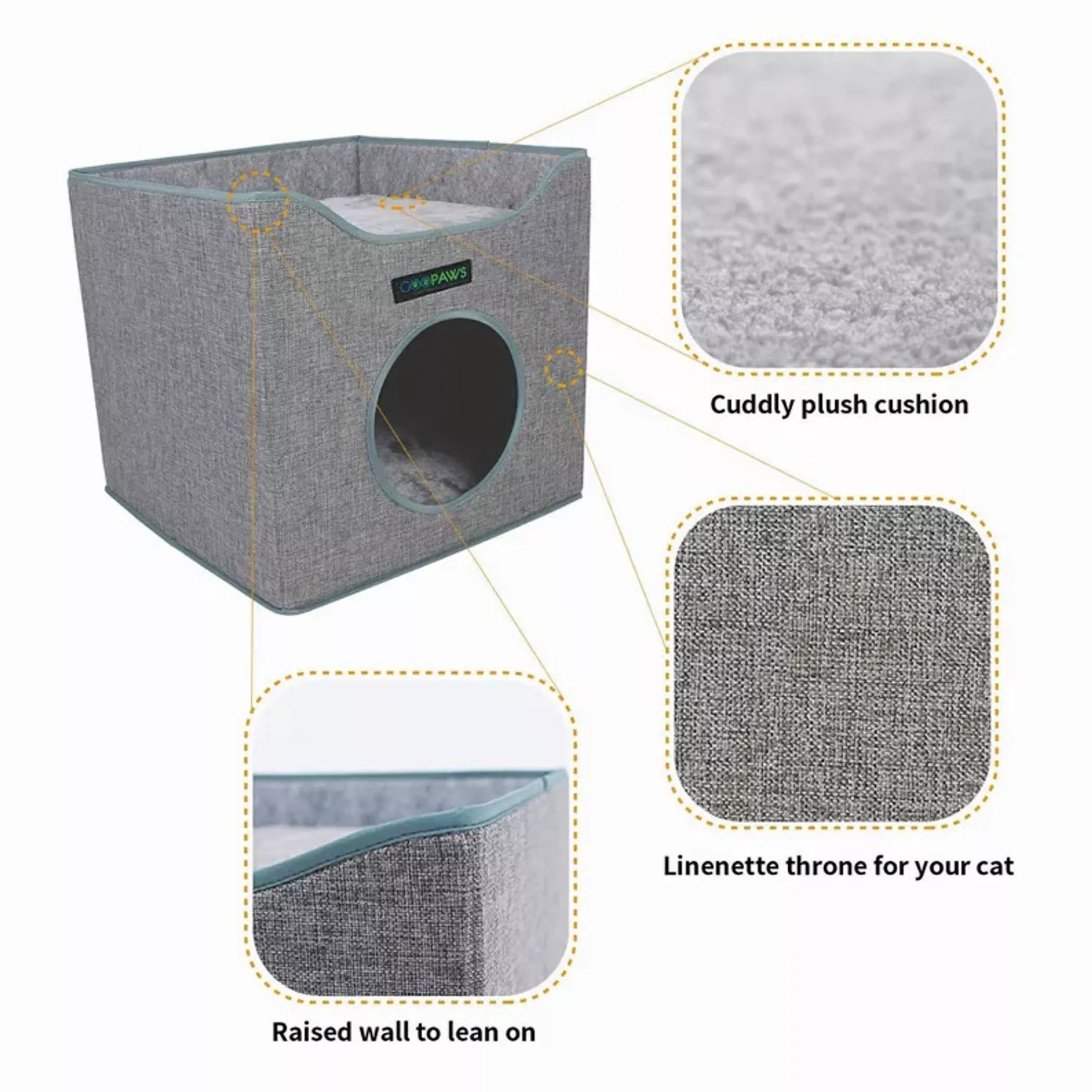 JESPET foldable cat condo with cube house, lying surface, reversible cushions, linenette fabric, scratch-resistant felt and wood.