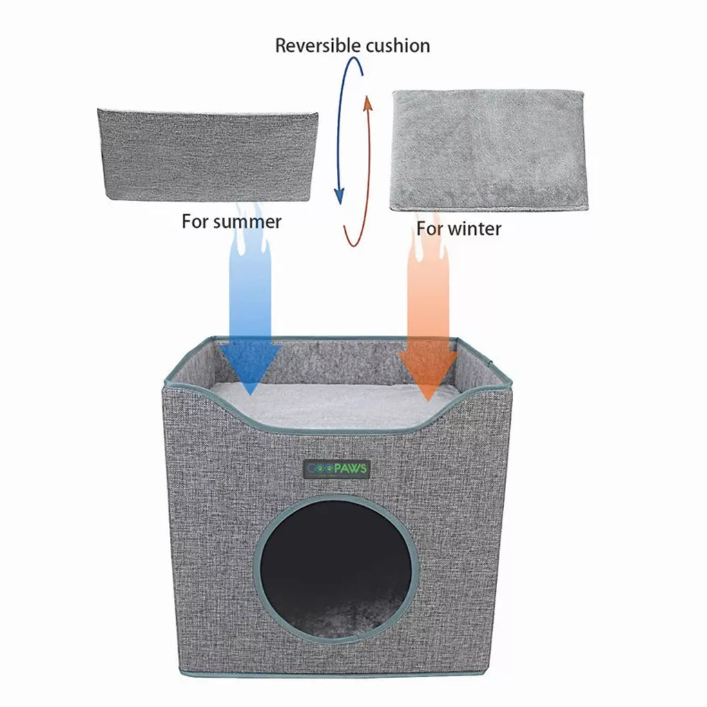 JESPET foldable cat condo with cube house, lying surface, reversible cushions, linenette fabric, felt, engineered wood, scratch-resistant