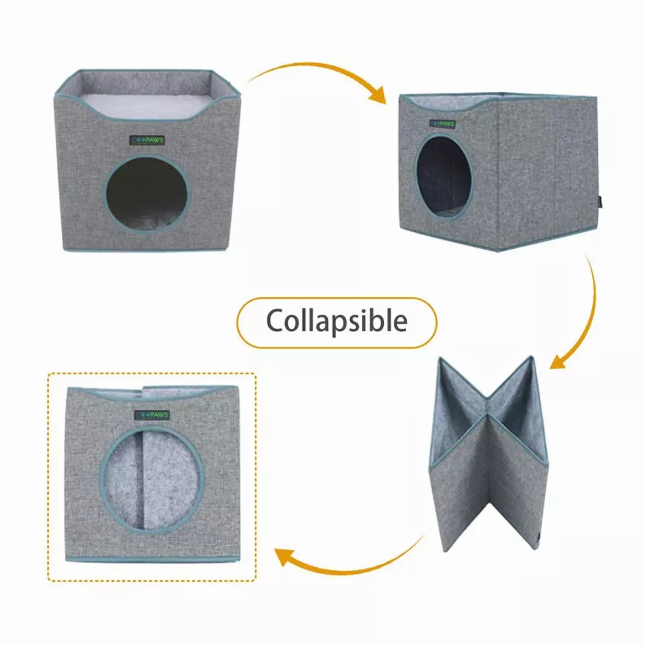JESPET foldable cat condo with cozy cube house, lying surface, reversible cushions, linenette fabric, and scratch-resistant wood.