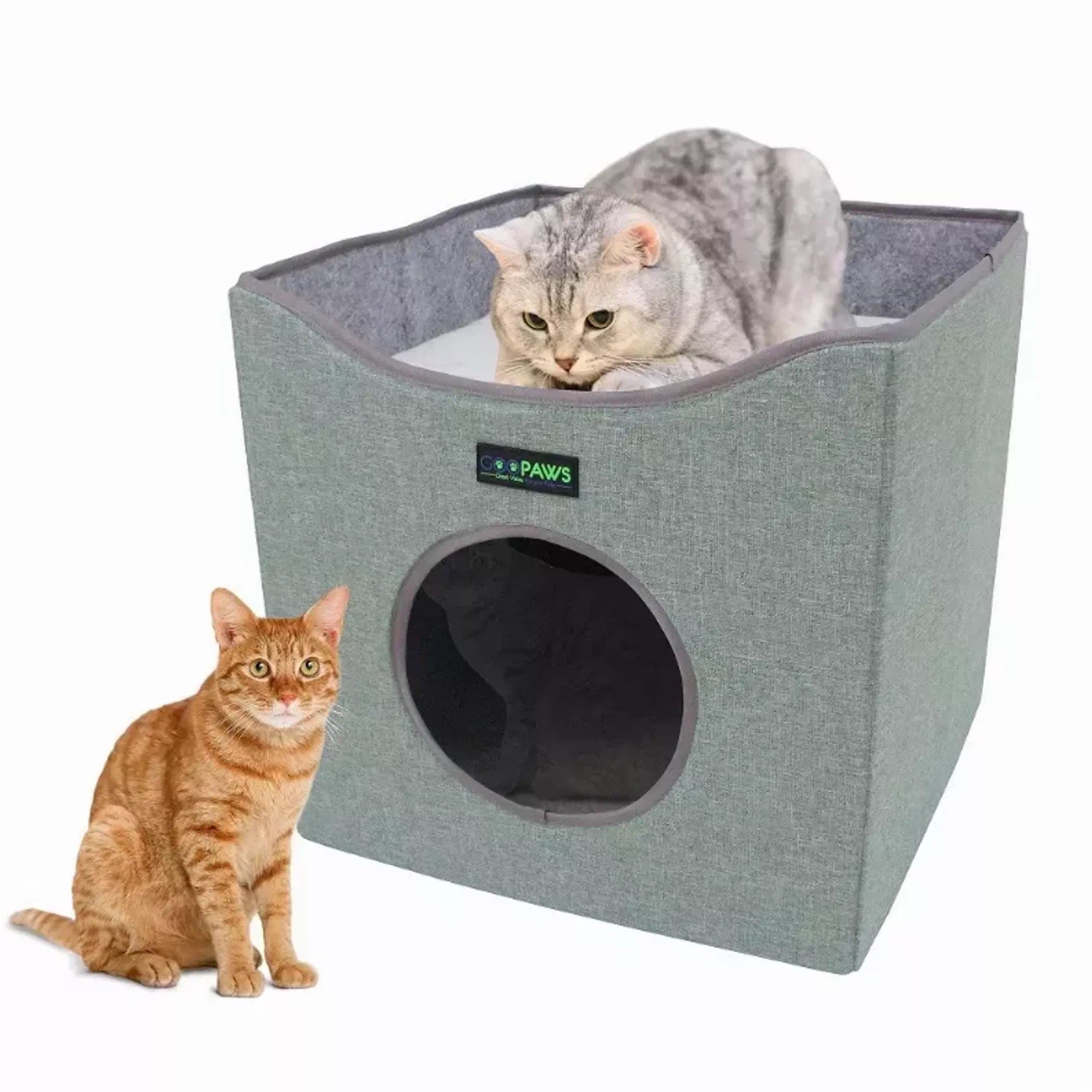 JESPET foldable cat condo and cube house with lying surface, reversible cushions, made of linenette fabric, felt, and engineered wood.
