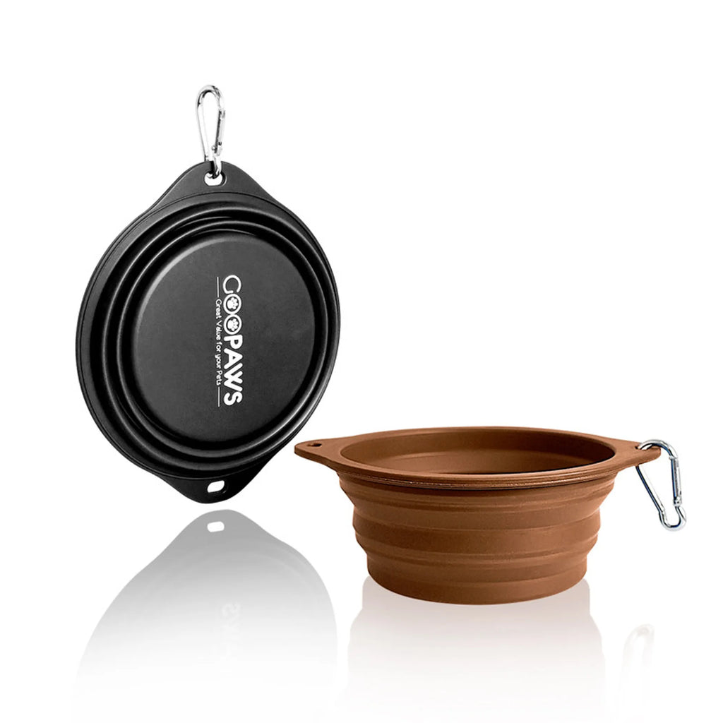 GDB GOOPAWS silicone non-skid travel cat and dog bowls, two black and brown grooming supplies, with non-slip bottoms and flexible design.