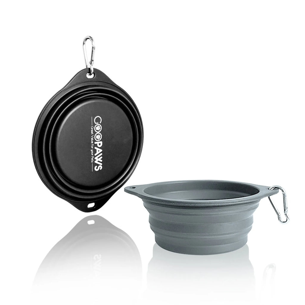 GDB GOOPAWS silicone non-skid travel cat and dog bowls, 2-pack, black and green, with non-slip bottoms for easy feeding on the go