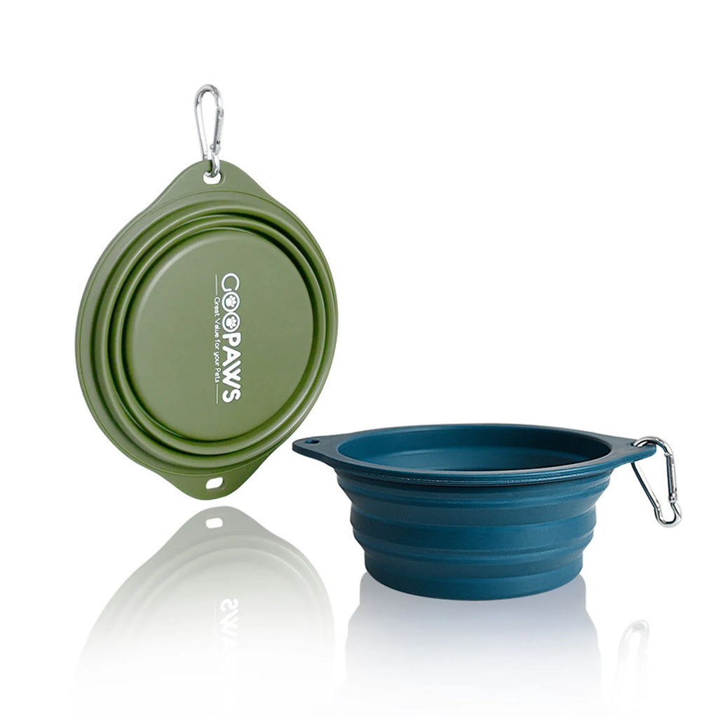 GDB GOOPAWS silicone non-skid travel cat and dog bowls, 2-pack, blue and green, with non-slip bases for easy feeding on the go.