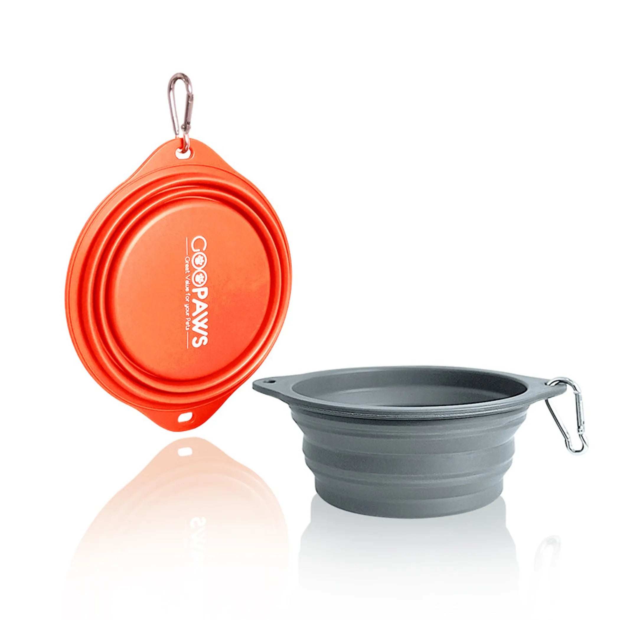 GDB GOOPAWS silicone non-skid travel cat and dog bowls, 2-pack, with a non-slip bottom and colorful orange and green design