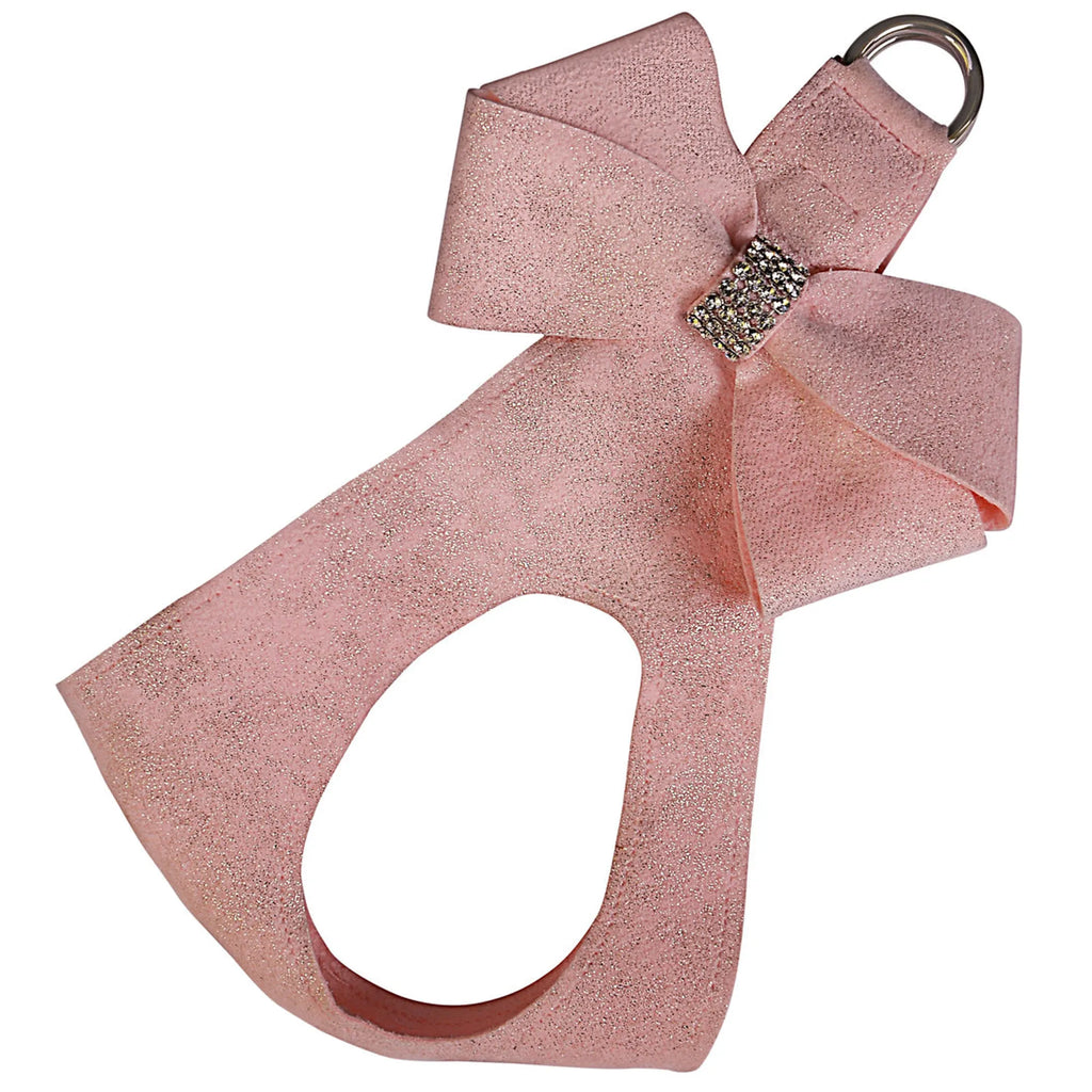Pink glitter puppy dog harness by Susan Lanci Designs featuring a step-in style with a decorative bow.