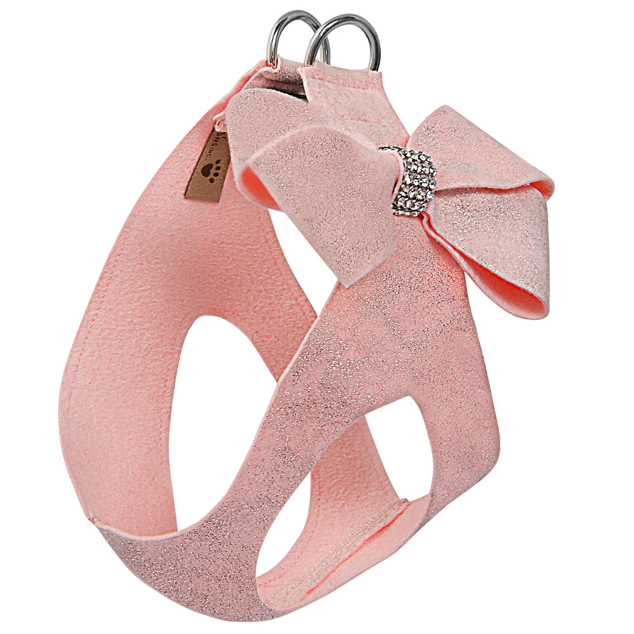 Susan Lanci Designs Puppy Pink Glitzerati Nouveau Bow Step-In Dog Harness with sparkling pink accents and bow detail