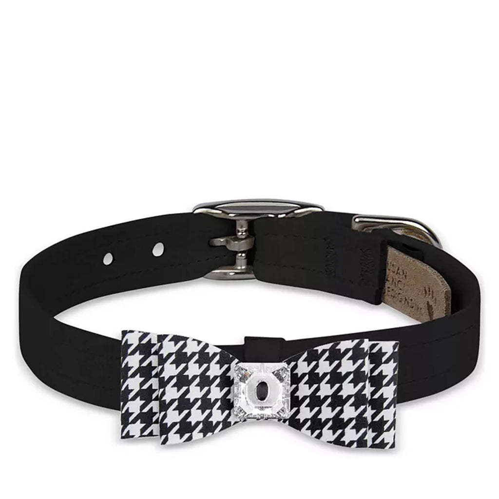 Susan Lanci Designs black and white houndstooth pet collar with a large bow, stylish accessory for small dogs or cats.