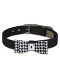 Susan Lanci Designs black and white houndstooth pet collar with a large bow, stylish accessory for small dogs or cats.