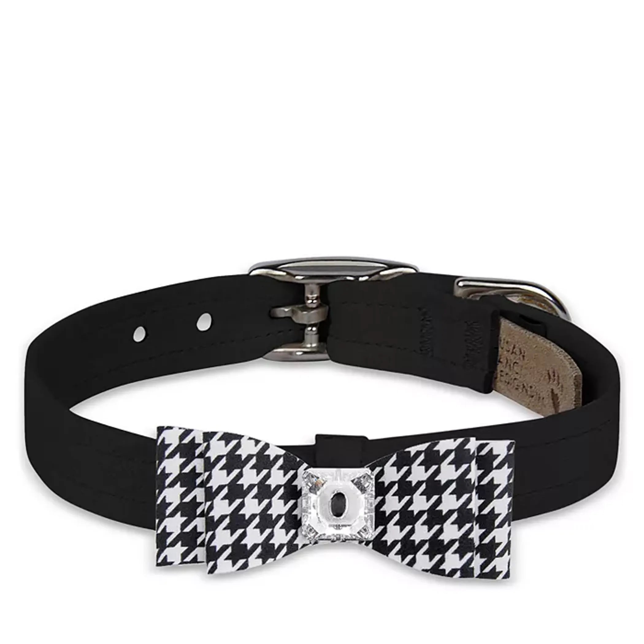 Susan Lanci Designs black and white houndstooth pet collar with large bow, stylish accessory for small dogs or cats.