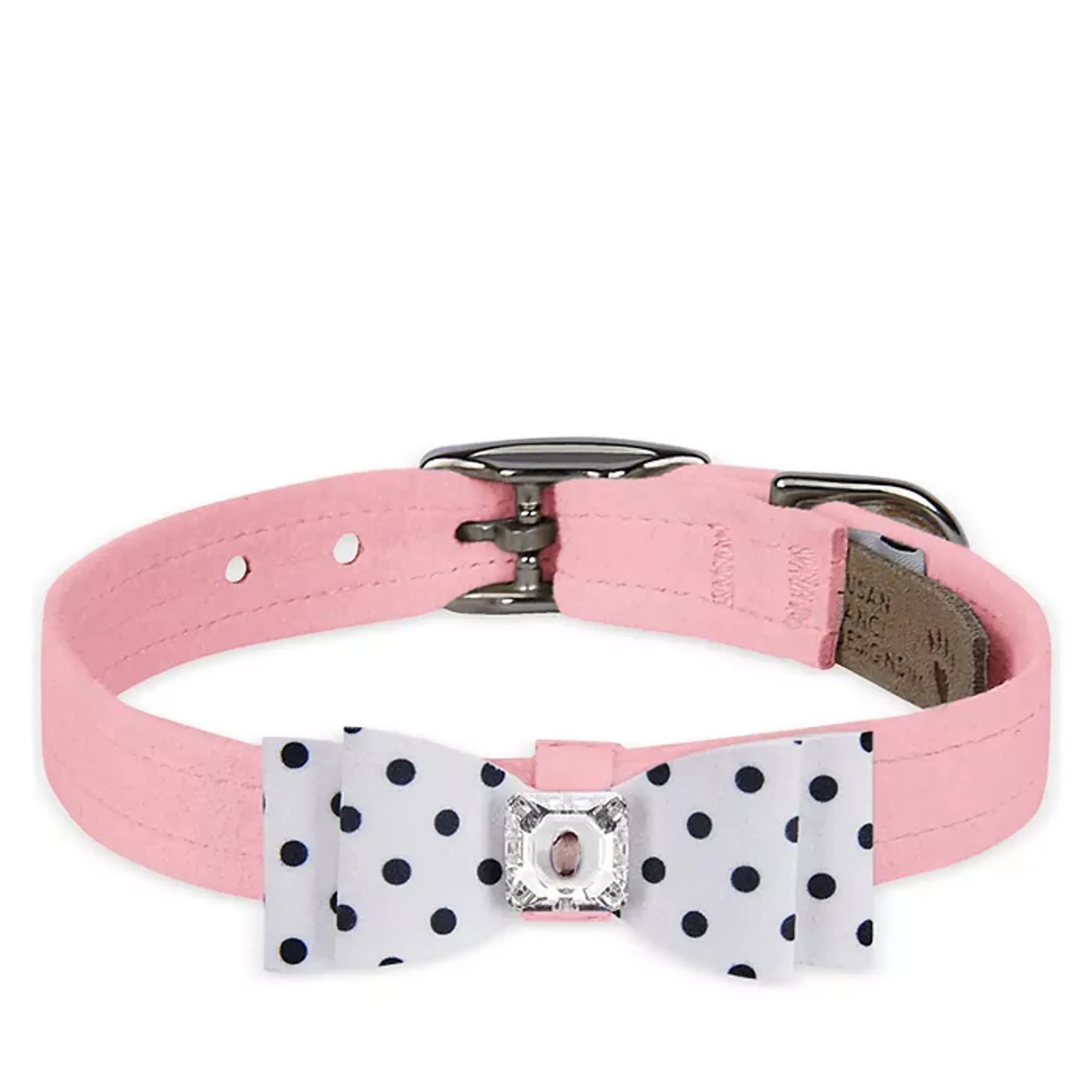 Susan Lanci Designs black and white houndstooth pet collar with a large bow, stylish and comfortable for small dogs or cats.