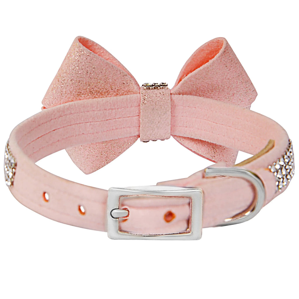 Susan Lanci Designs puppy pink Glitzerati Nouveau bow on a three-row Giltmore collar for pets.