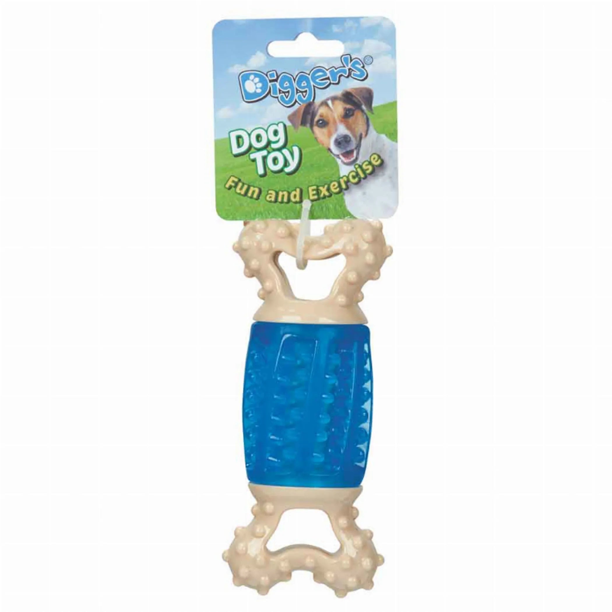Digger's DGR Giggle Bone Blue TPR dog toy showing textured blue bone shape for chewing and play.