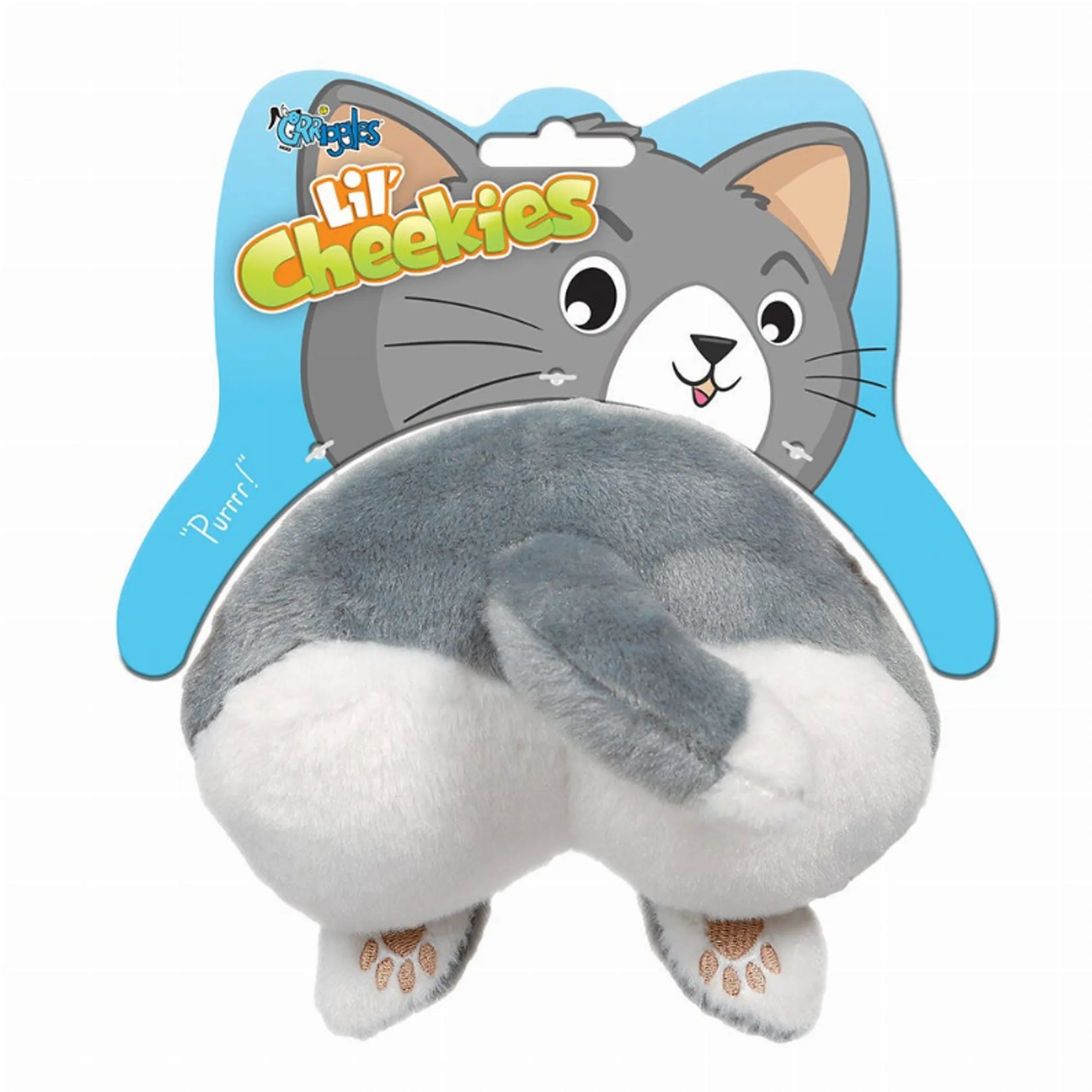 Soft plush Grriggles Lil' Cheekies cat toy for interactive play, featuring colorful plush fabric and playful design.