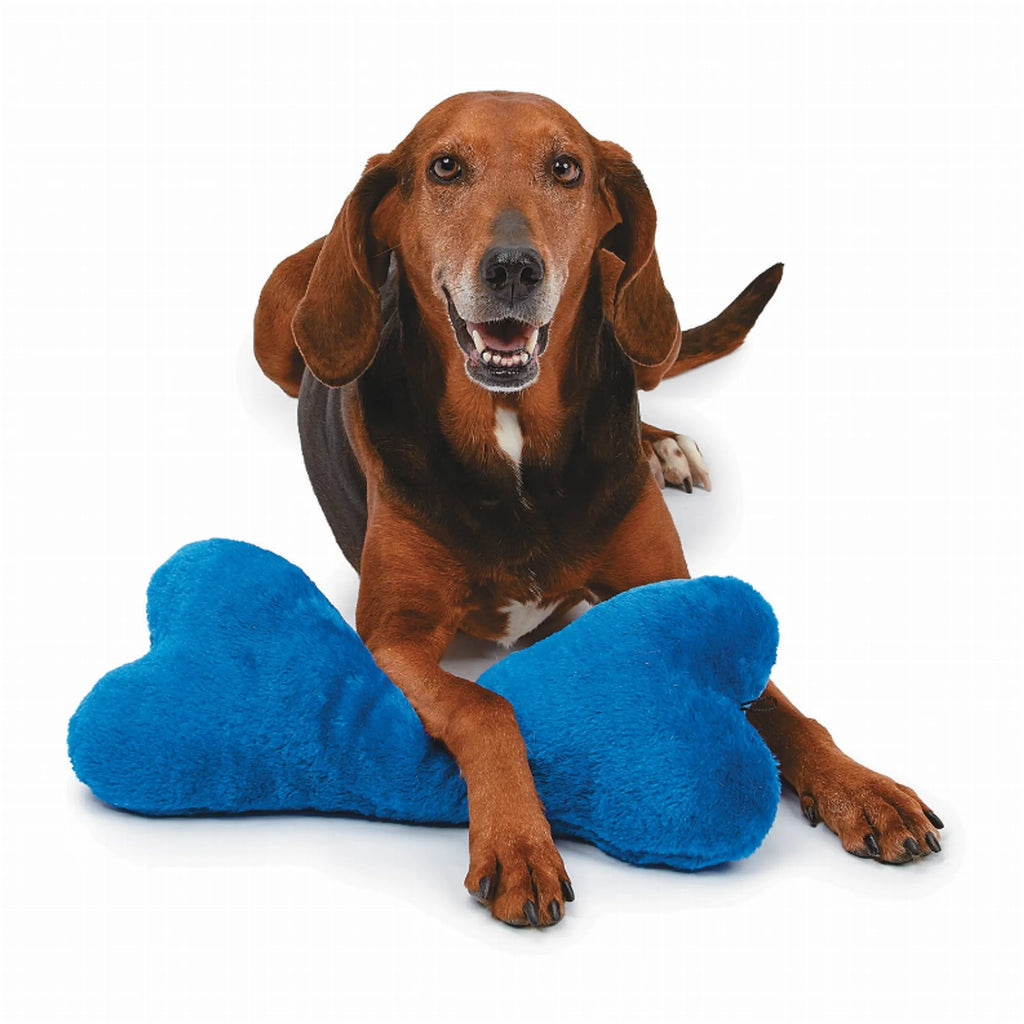 Soft plush bone dog toy from Zanies, 16.5 inches long, colorful and cuddly for dogs, in assorted vibrant colors.