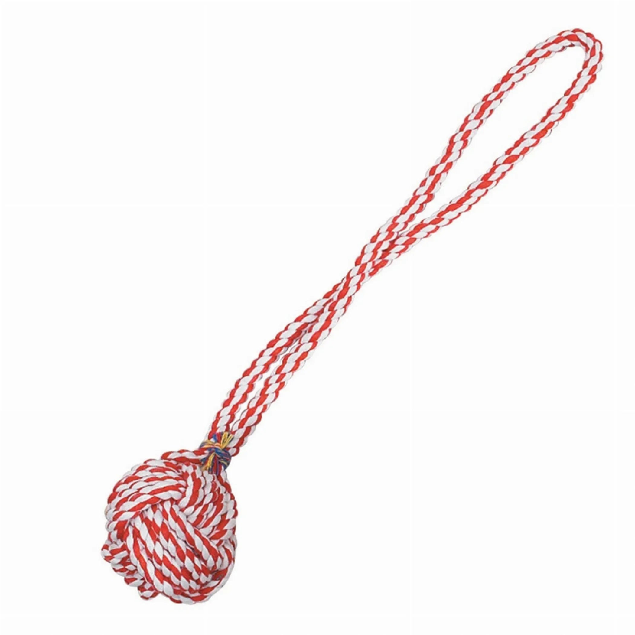 Red and white Monkey Fist Knot Rope Dog Toy by Zanies, 15 inches long, with a textured rope surface for chewing and play.