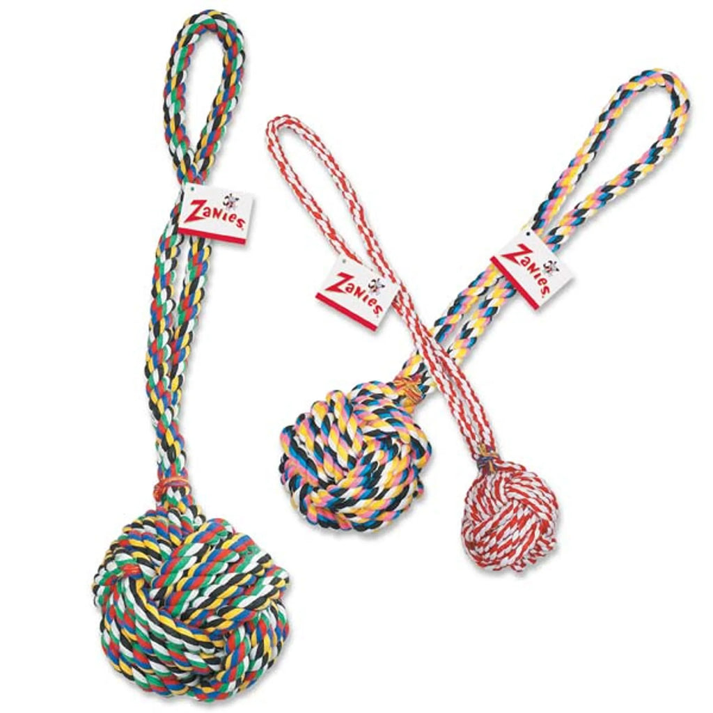 Red and white Monkey Fist Knot rope dog toy, 15 inches, by Zanies, designed for durable play and chewing.