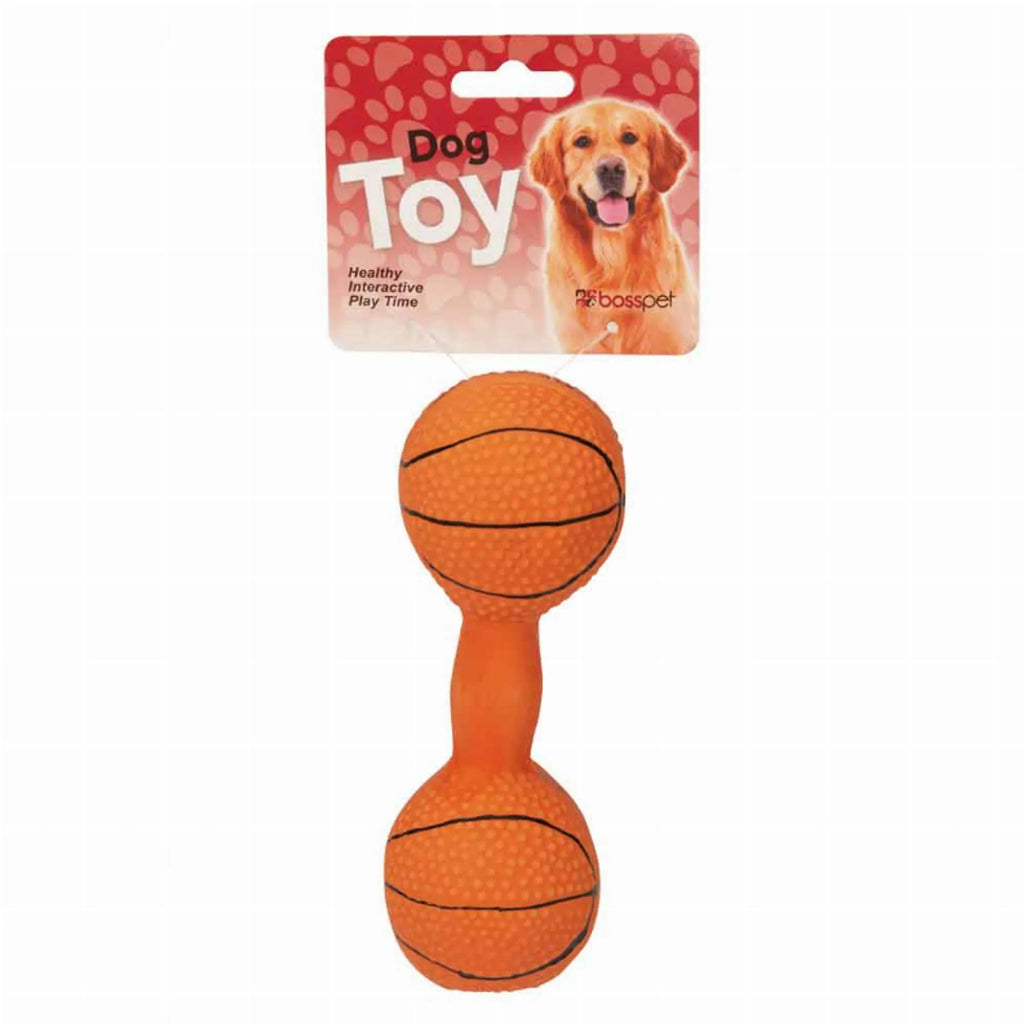 Latex dumbbell-shaped dog toy for chewing and fetch from Boss Pet Products, suitable for active dogs and playtime fun.