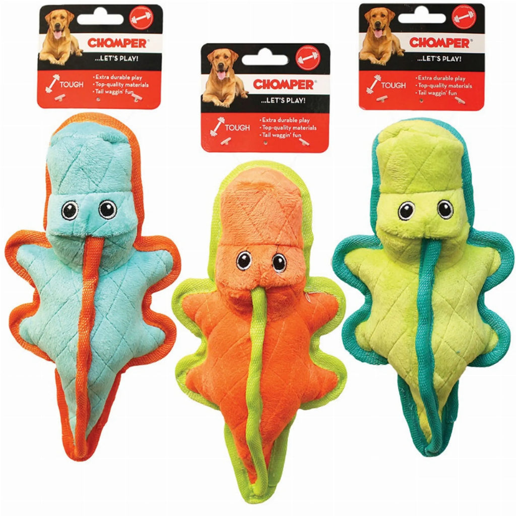 Chomper Jr Gladiator Gator dog toy, a durable plush stuffed chew toy shaped like a gator for dogs.