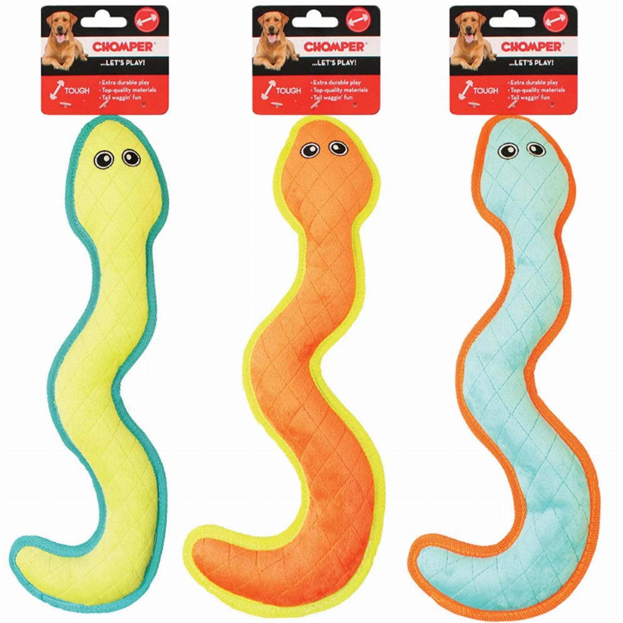 Chomper Snake Dog Toy, plush stuffed interactive chew and play toy for dogs, featuring a colorful snake design.