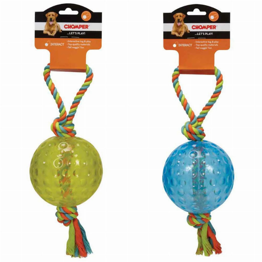 Chomper 5-inch ball with rope tug dog toy for interactive play and chewing, made for dogs to enjoy and chew safely.
