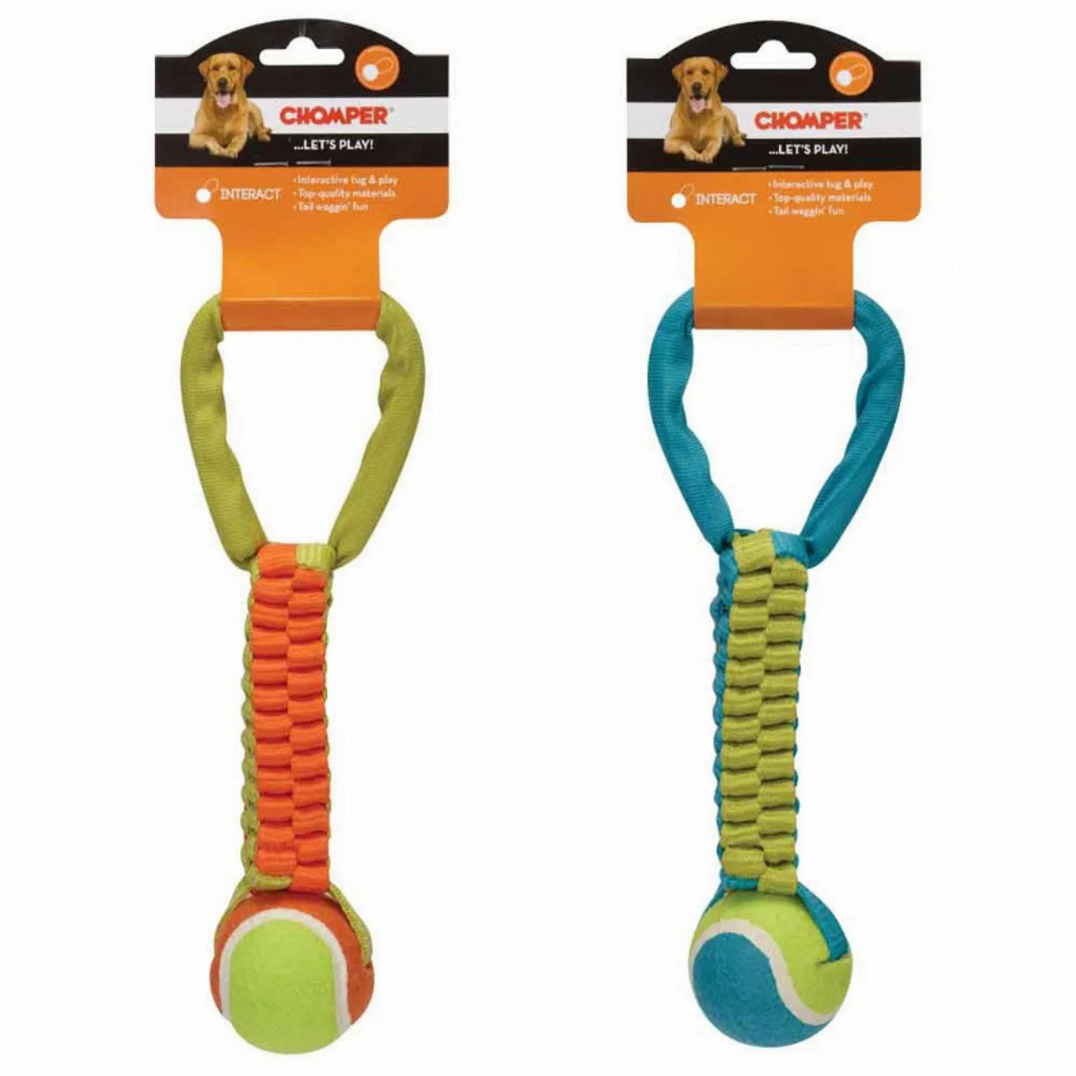 Chomper braided nylon tennis ball tug rope for dogs, durable and suitable for tug-of-war play with a tennis ball design.