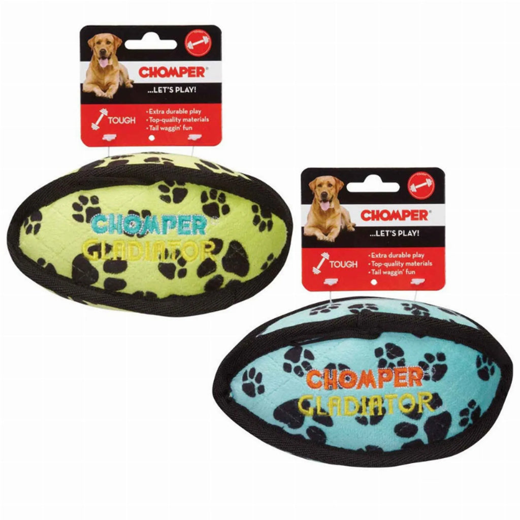 Chomper Gladiator Tuff Football dog toy, durable rubber chew and fetch toy for dogs, in green with branded logo, designed for active play.