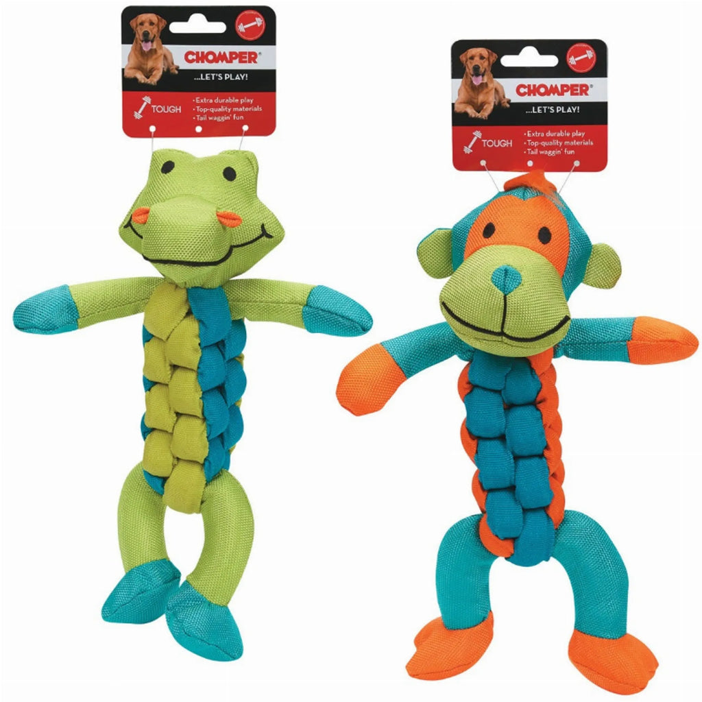 Chomper Twisterz Ballistic braided dog toy with durable rope, suitable for chewing and tug-of-war, in vibrant colors.