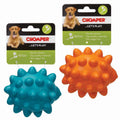 Chomper CHP Tail Waggers Rubber Hedgehog dog toy with textured rubber surface and colorful design for fetching and chewing activities.