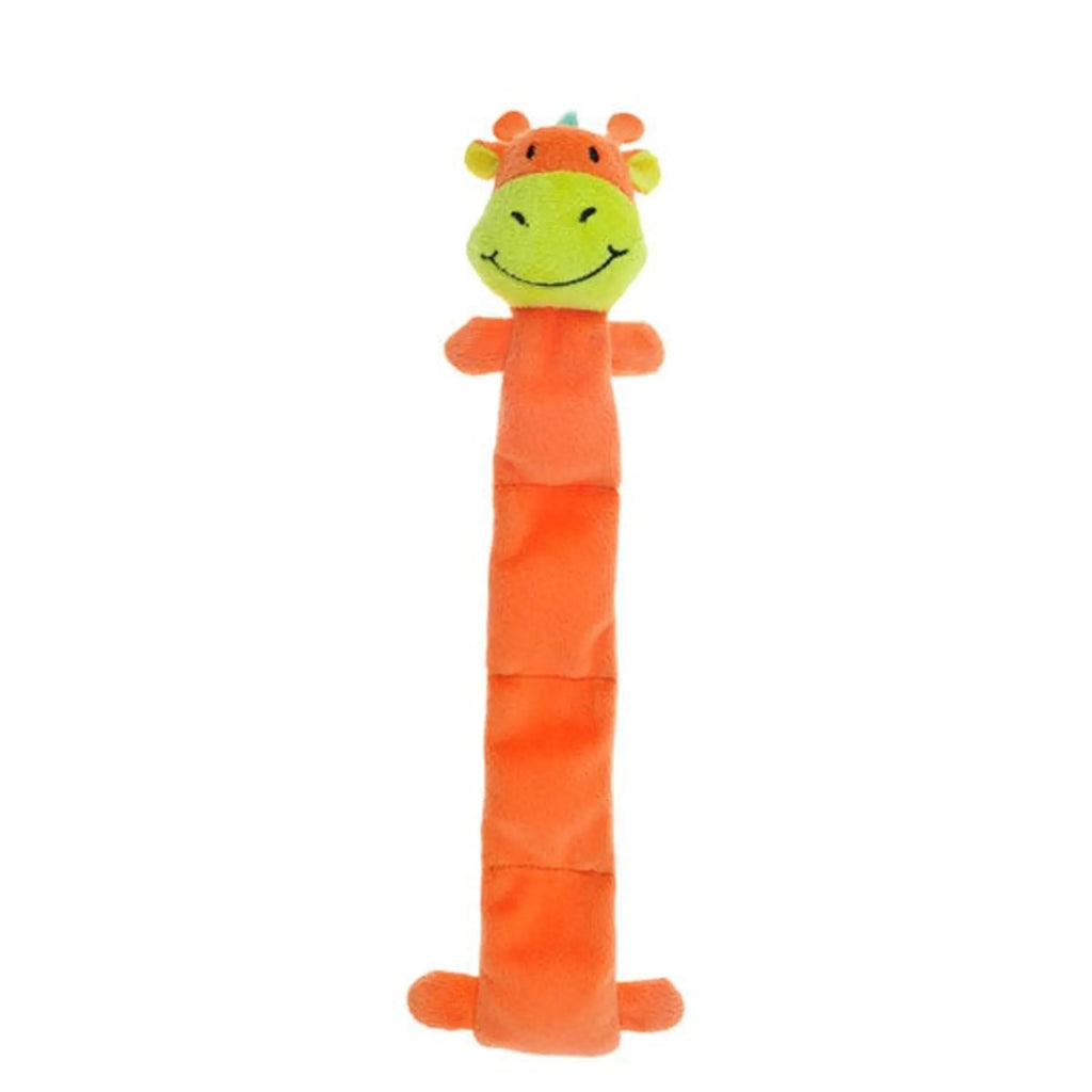 Chomper stuffed plush giraffe dog toy with four squeakers for interactive play, featuring soft fabric and detailed giraffe design.