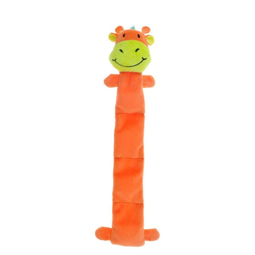 Chomper stuffed plush giraffe dog toy with four squeakers for interactive play, featuring soft fabric and detailed giraffe design.