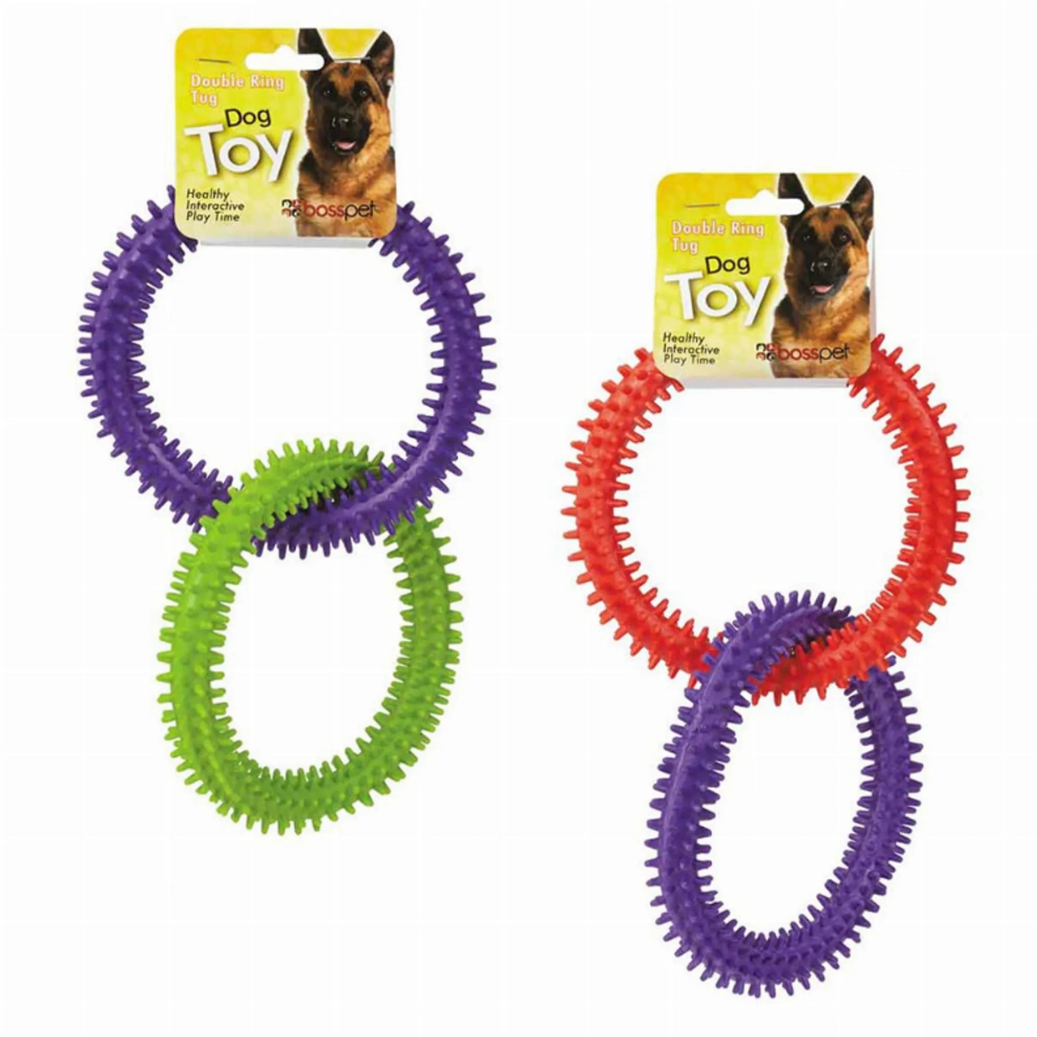 Boss Pet Products 2-ring dog toy for chewing and tug play, made of durable material, designed for active dogs.