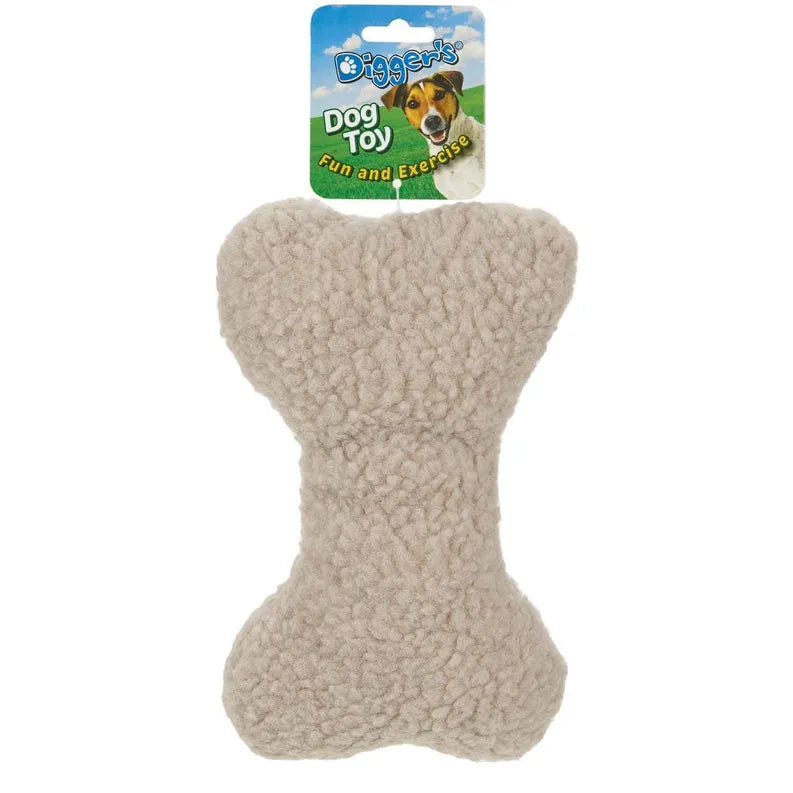 Digger's Woolly Bone plush dog toy, 9-inch squeaky chew toy with soft stuffed material for dogs to play and chew.