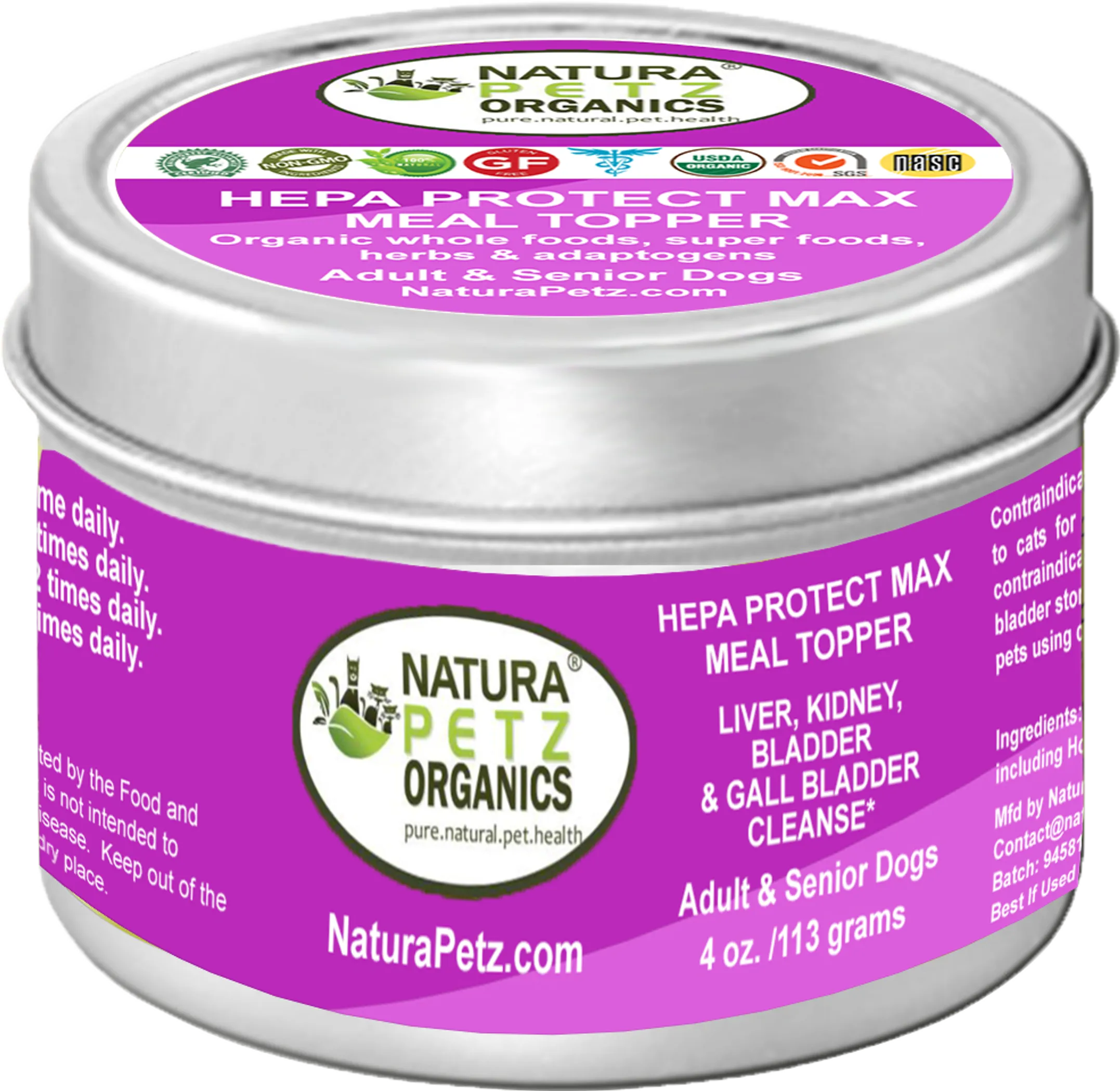 Organic Pet Systems Hepa Protect Max Dog Food Topper with liver and kidney support, featuring fresh ingredients in a resealable bag.