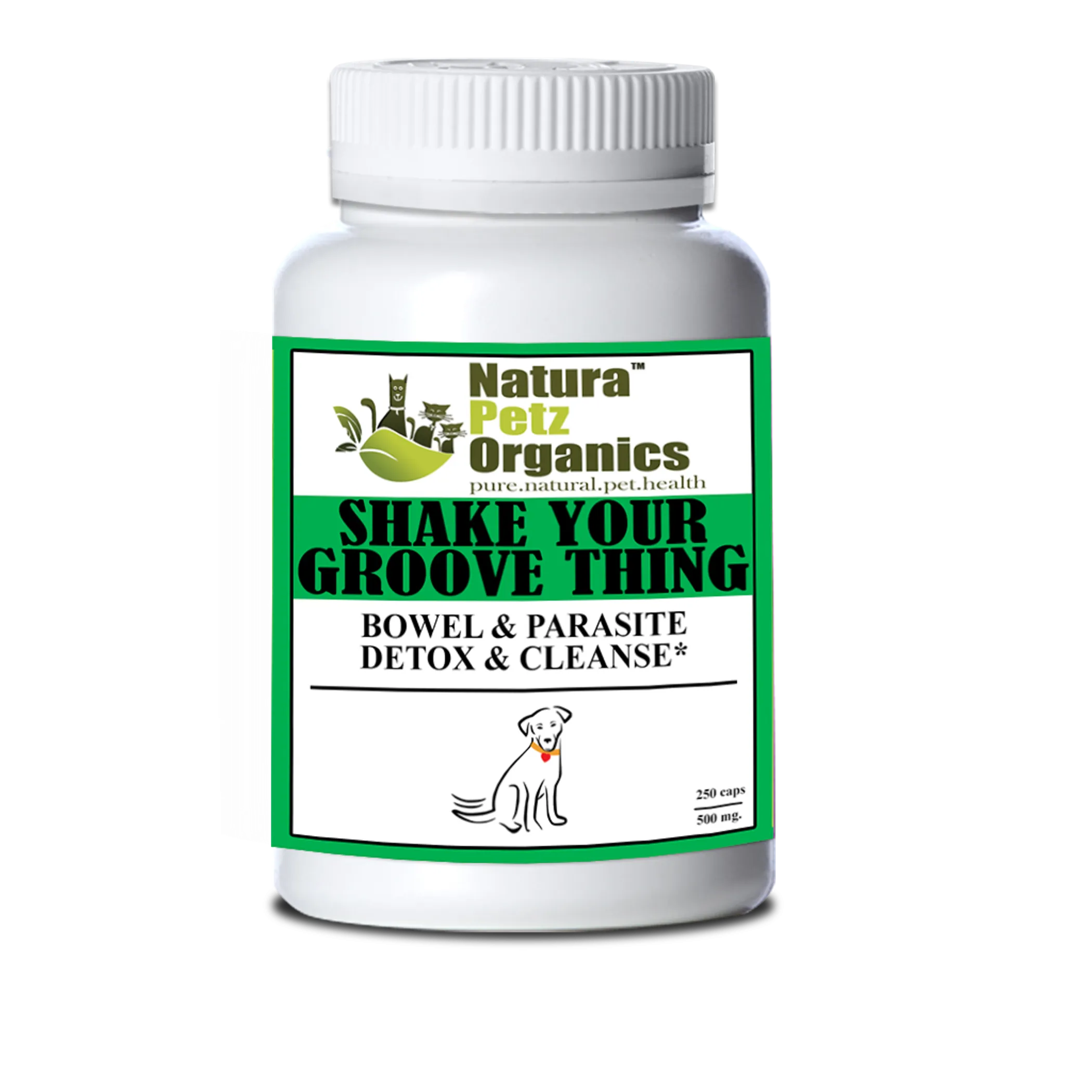 Organic Pet Systems Shake Your Groove Thing bowel and parasite detox supplement for dogs, in a bottle with label visible.