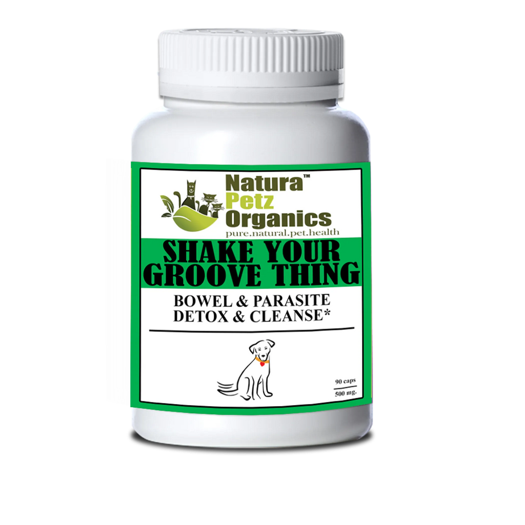 Organic Pet Systems Shake Your Groove Thing bowel and parasite detox supplement for dogs, with colorful packaging and supplement bottles.