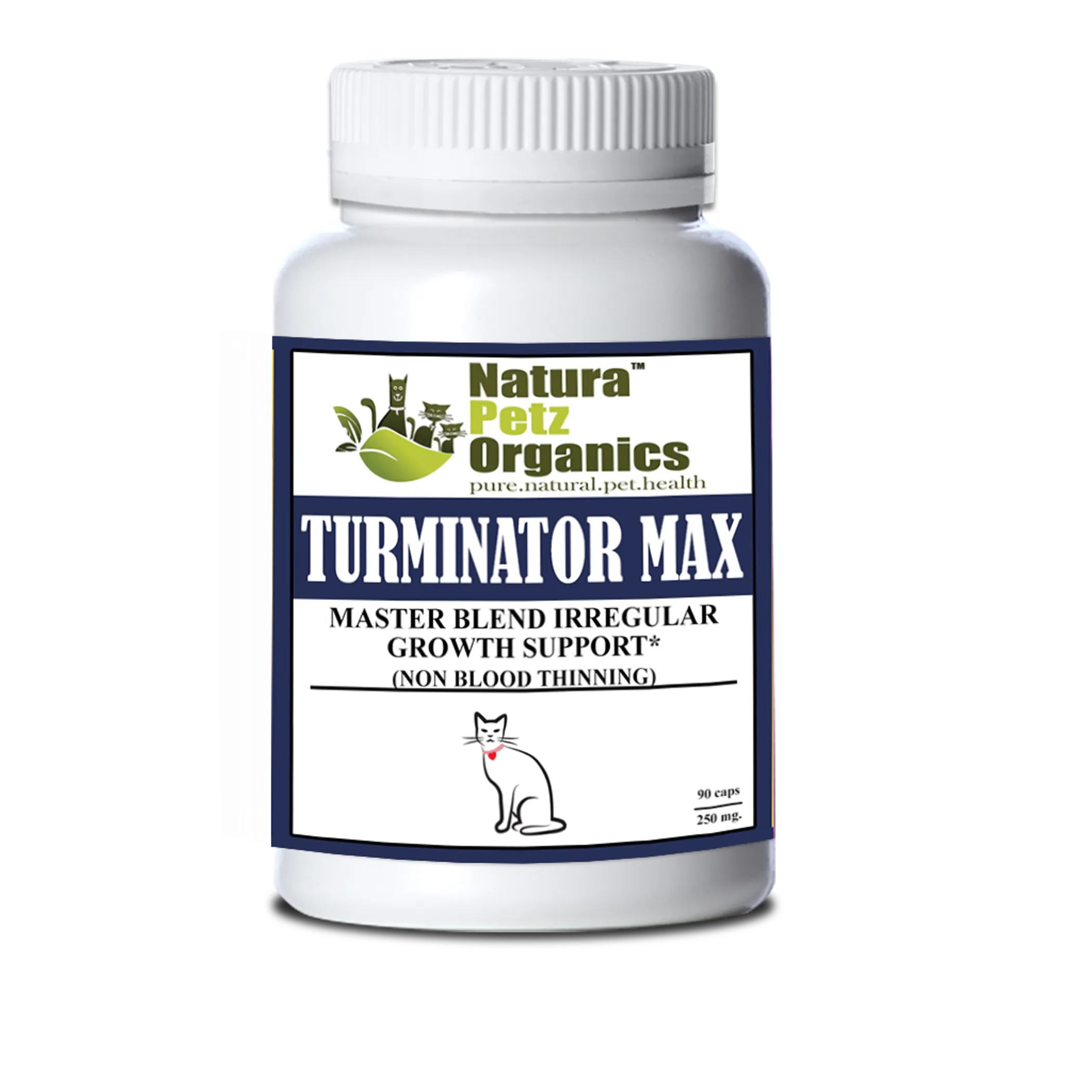 Organic Pet Systems Turminator Max Master Blend supplement for dogs and cats supports irregular growth without blood thinning, in a bottle.