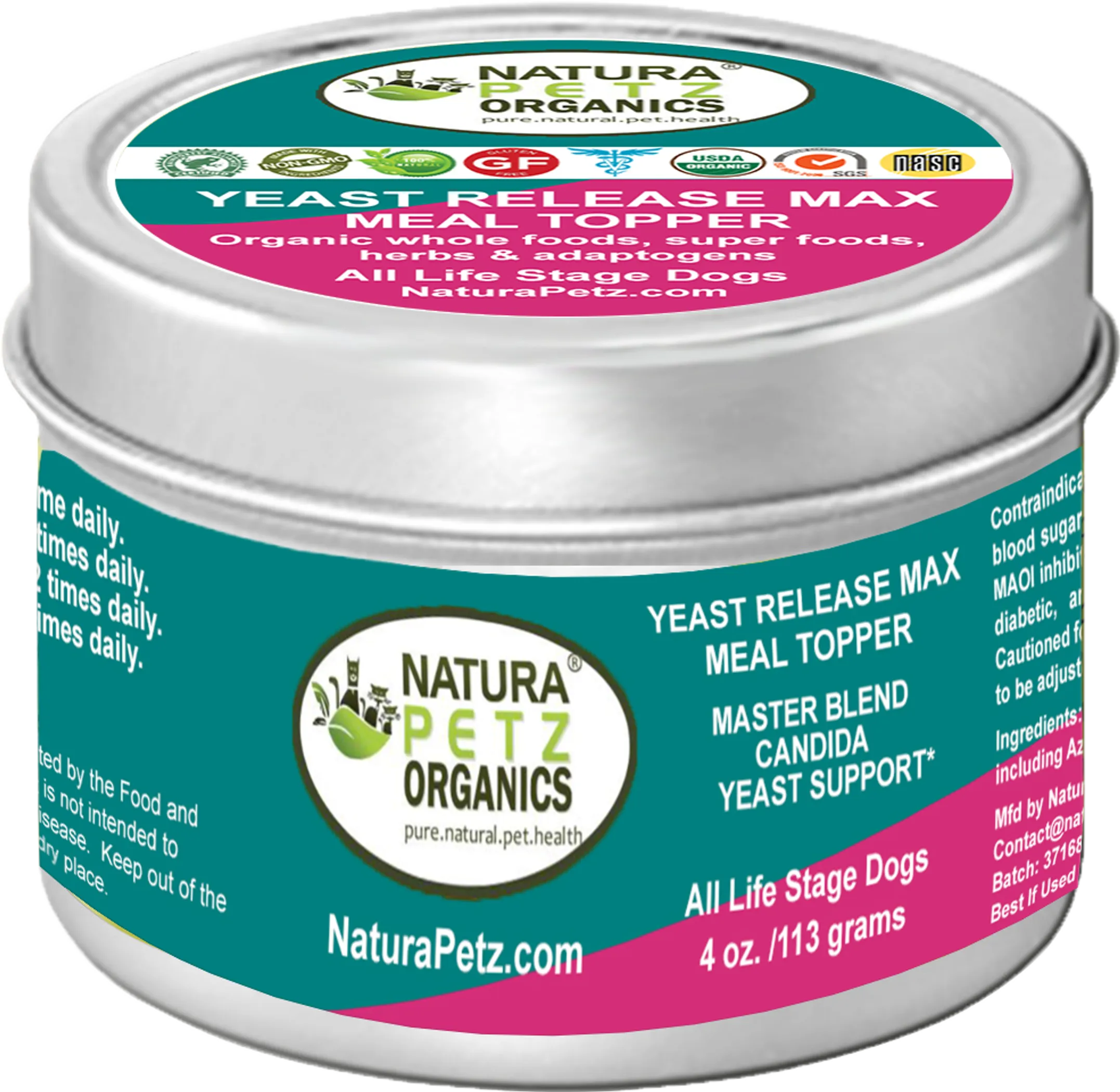 Organic Pet Systems Yeast Release Max Meal Topper for dogs and cats, a Candida yeast defense dog food topper with master blend ingredients.