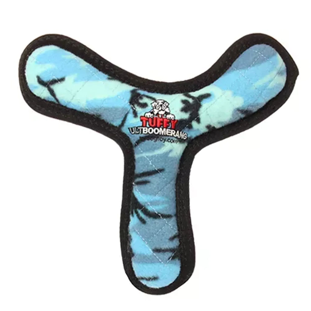 VIP Products Tuffy Ultimate Boomerang dog toy, durable and interactive fetch toy for dogs, shown in outdoor setting.