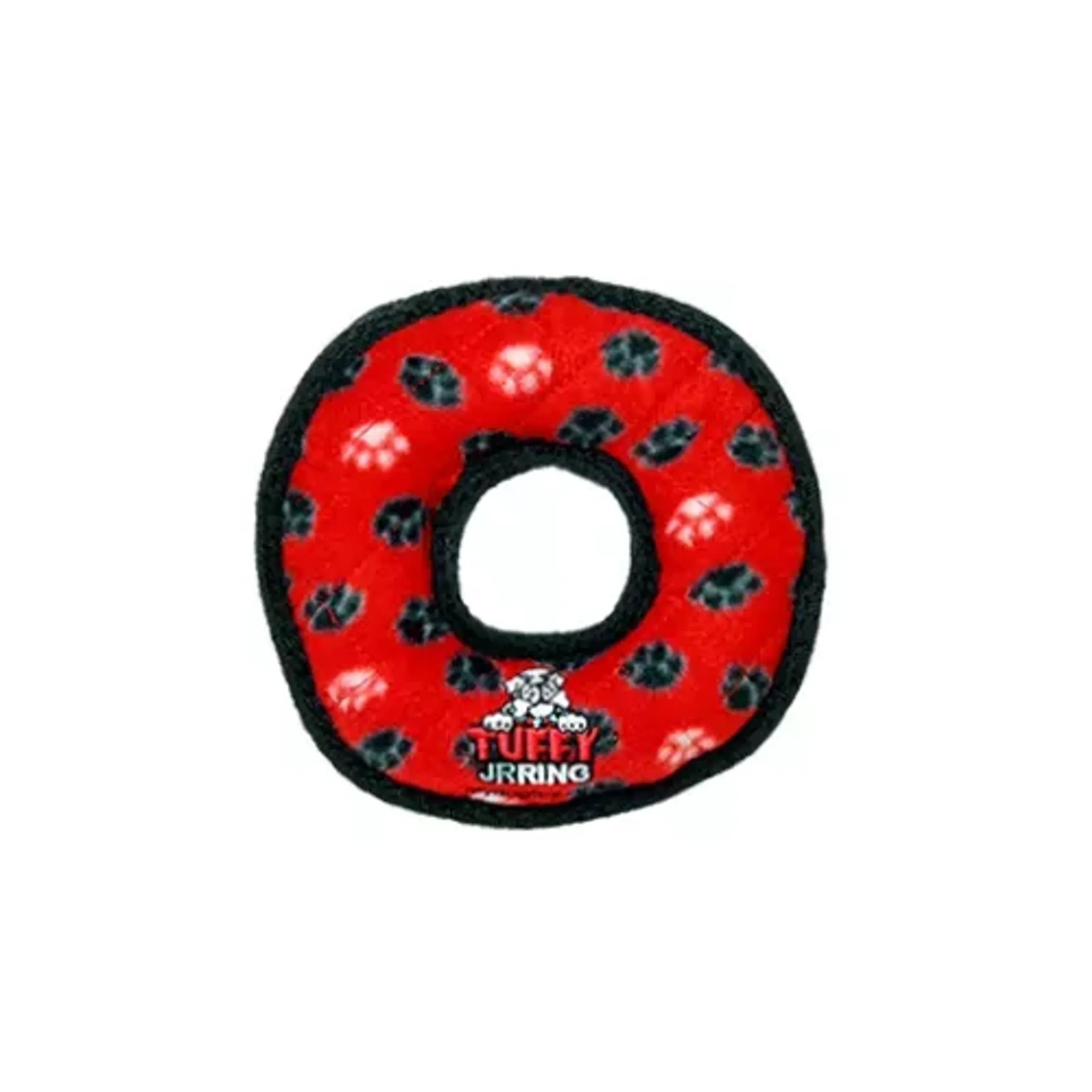 Durable Tuffy Jr Ring Paw dog toy by VIP Products, interactive rubber ring toy for dogs, featuring a paw shape and vibrant colors.