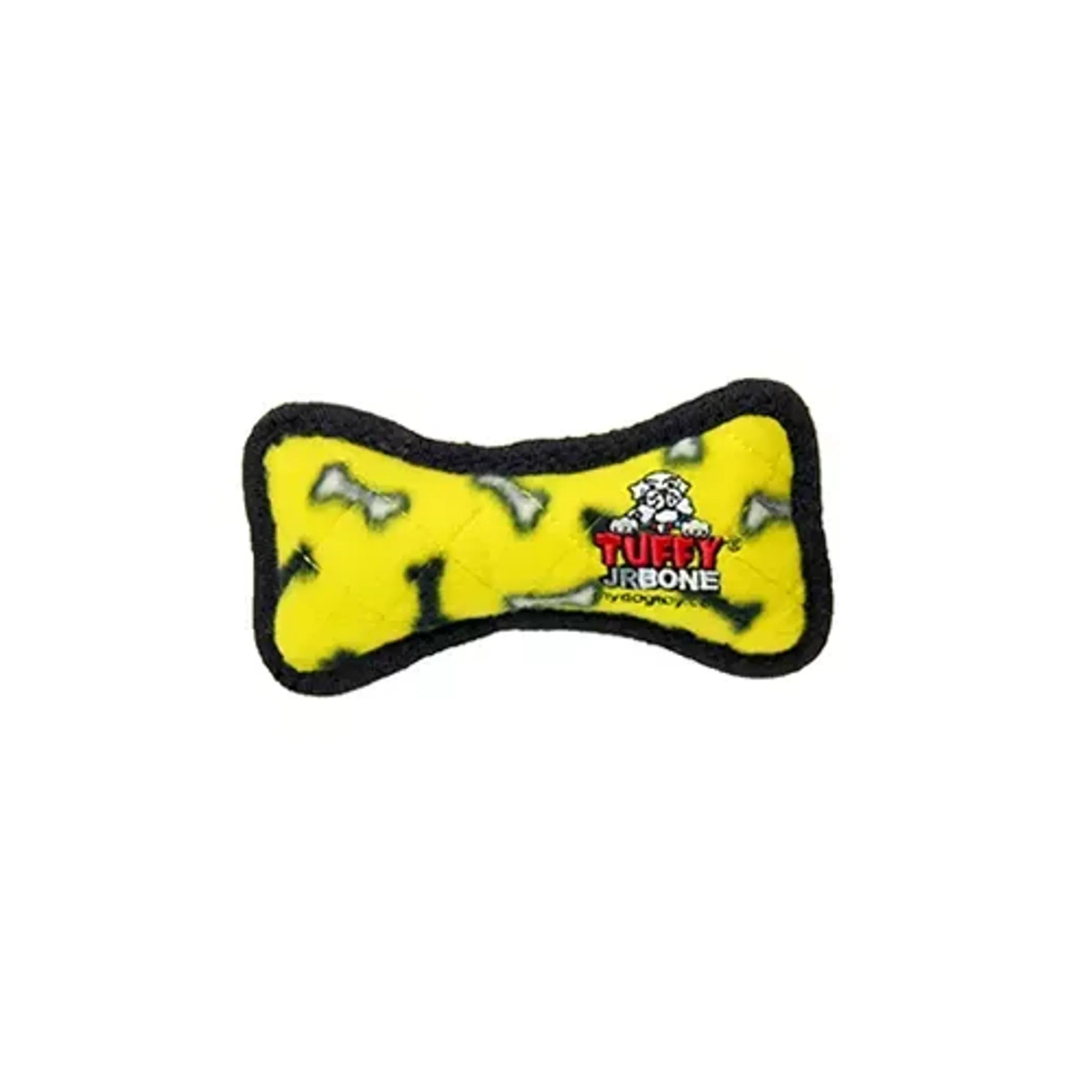 VIP Products Tuffy Jr Yellow Bone Dog Toy, durable chew toy for small dogs, made of tough materials for long-lasting play.